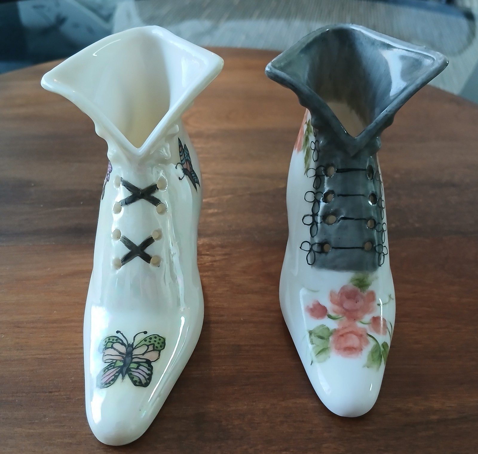 2 Vintage 3 Inch White &Grey Ceramic Heeled Boot Figures Marked Esther 90 & 91