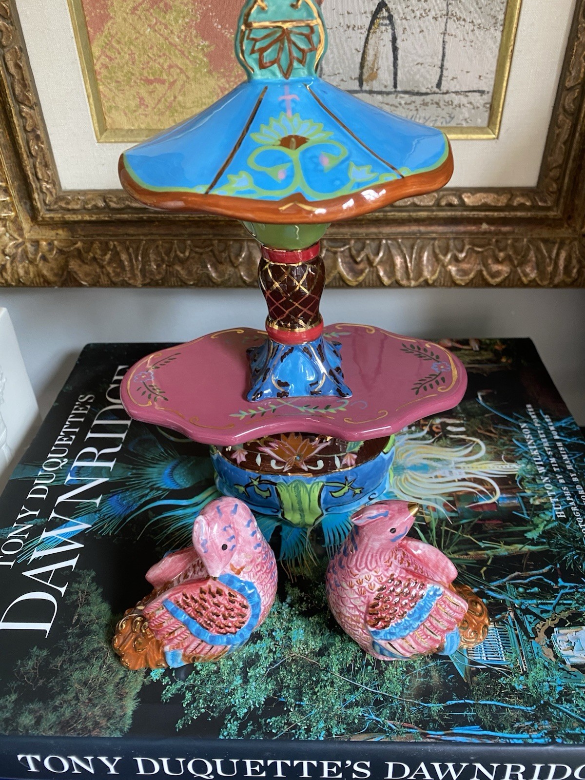 Tracy Porter Pagoda Birds Pheasant Salt & Pepper Pink Gold Gilt Chinoiserie