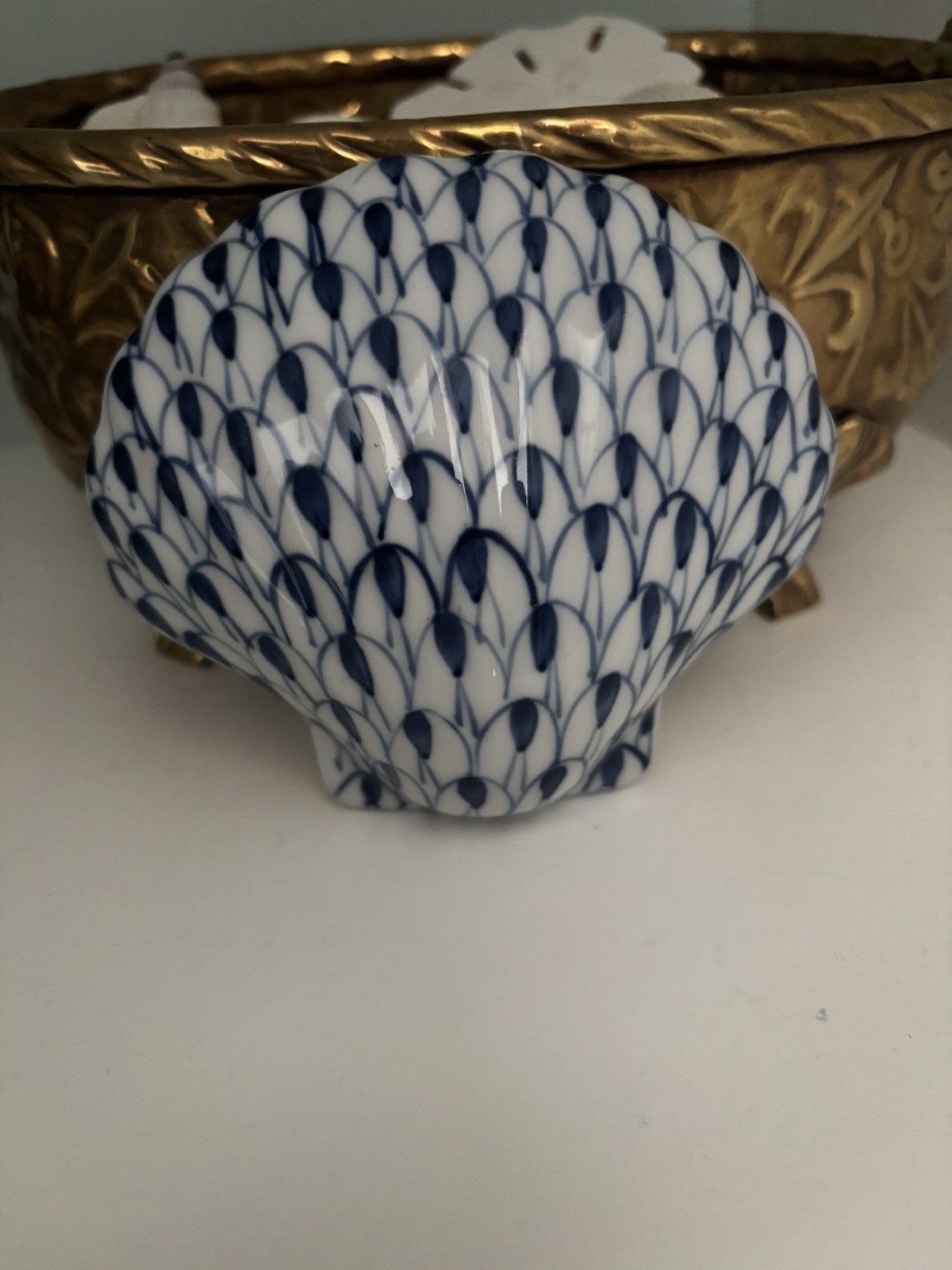 Andrea By Sadek Nantucket Porcelain Scallop Clam Blue White Fishnet Shell Beach