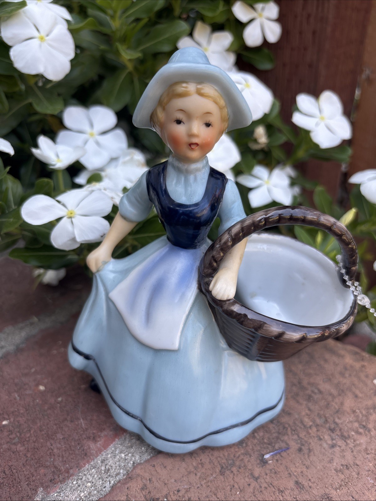 Lefton Blue Girl Porcelain Figurine Basket 5 1/2 Inches Tall Japan