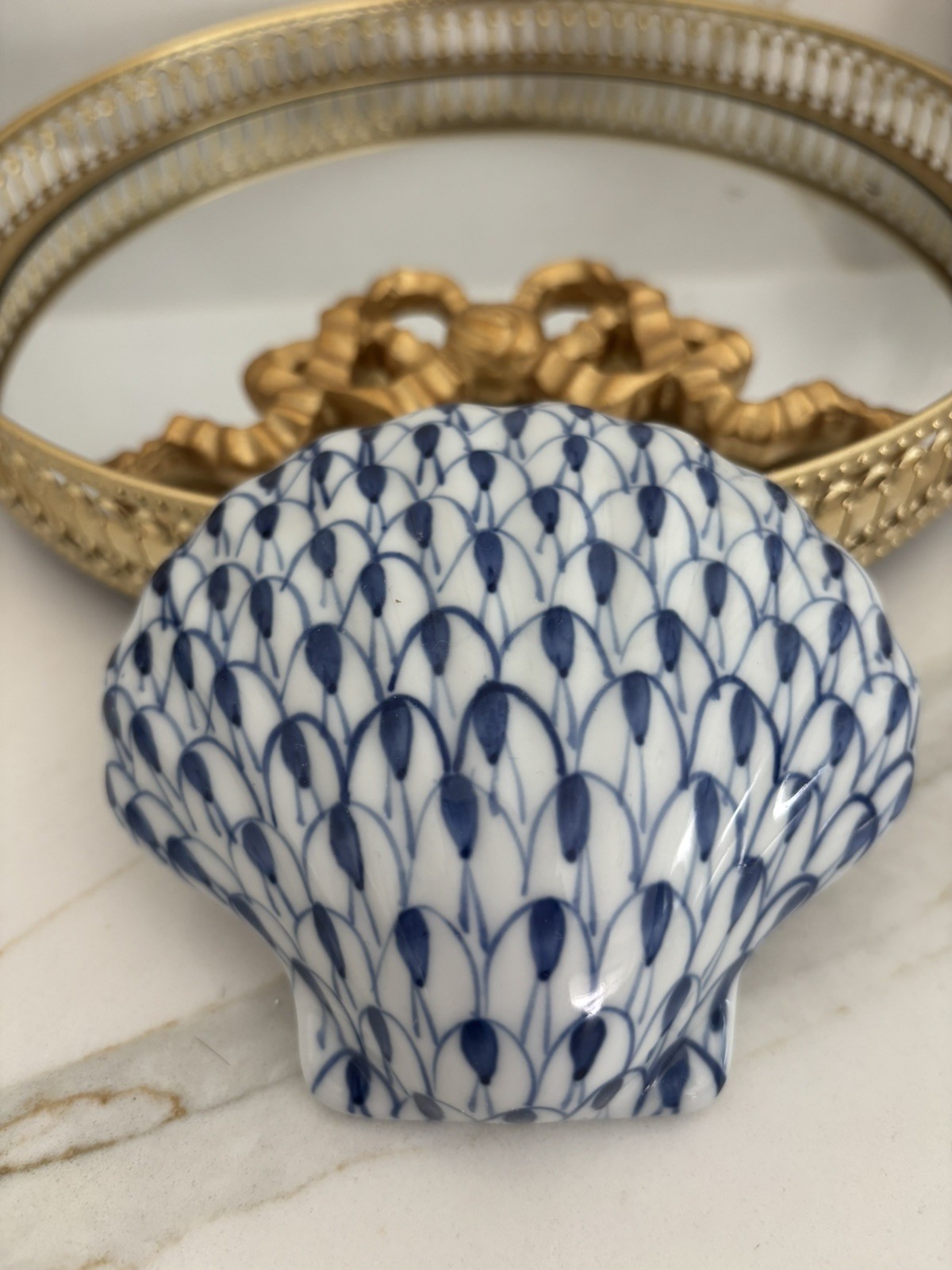 Andrea By Sadek Nantucket Porcelain Scallop Clam Blue White Fishnet Shell Beach