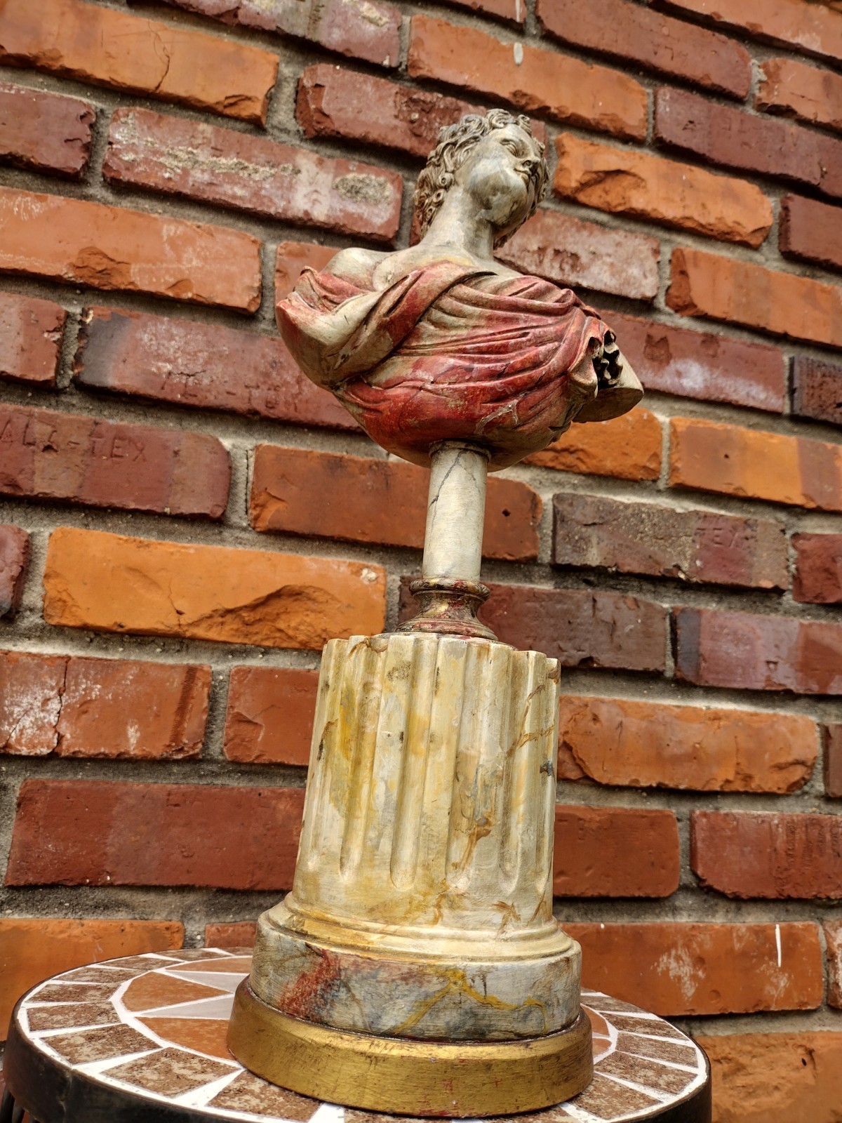 Vintage ’80s Spelter Apollo / Caesar Pop Art Bust Faux Marble Column Retro