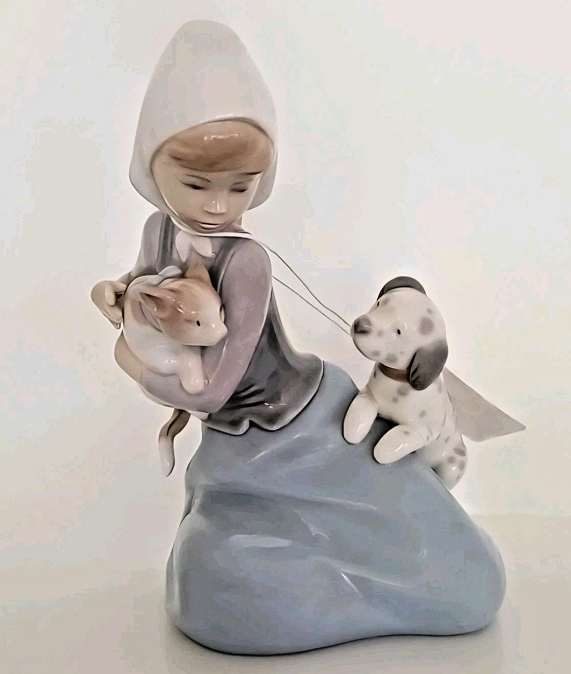Lladro Porcelain Figurine Little Friskies Girl Holding Dog Puppy Cat VTG 1970’s