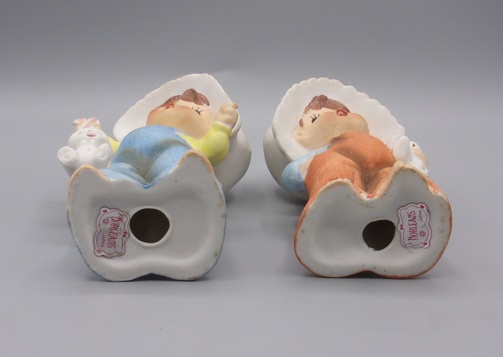 Vintage Norleans Porcelain Boy Girl Figurines W/ Hats & Overalls Bunnies Japan