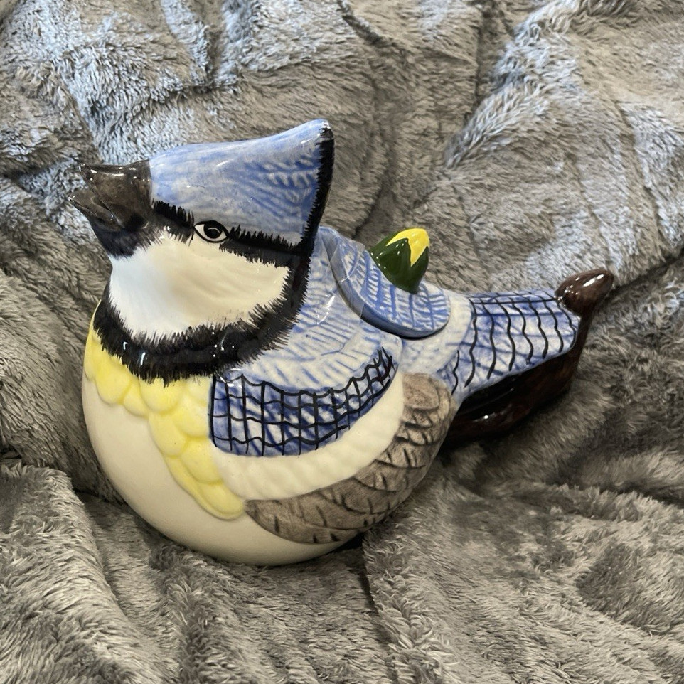 Ceramic Blue Jay Bird Figurine Painted Finish Blue White Yellow Gray Brown Black