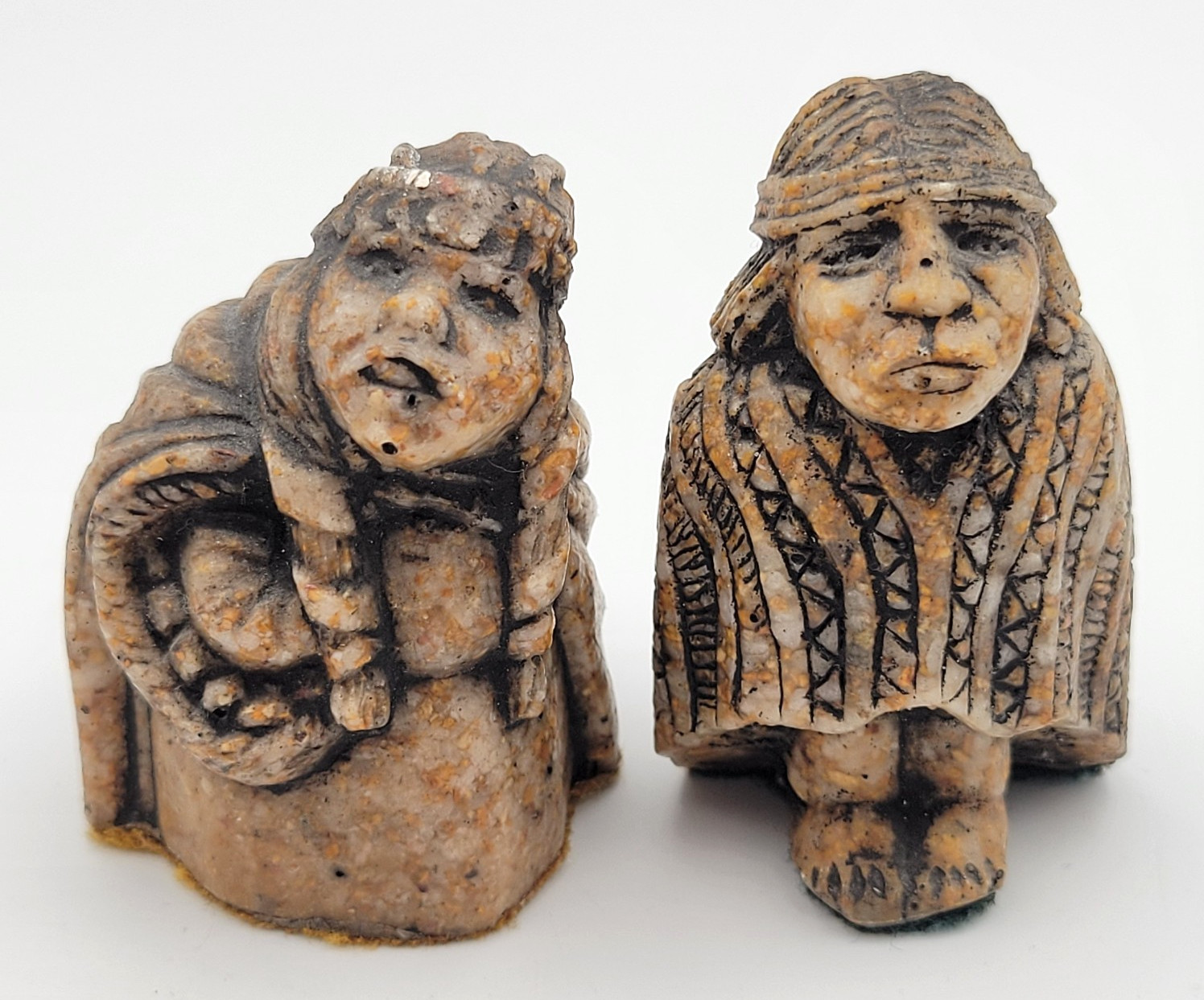 Vintage From Chile Carved Stone Folk Art Figurines Indigenous Man Woman Signed