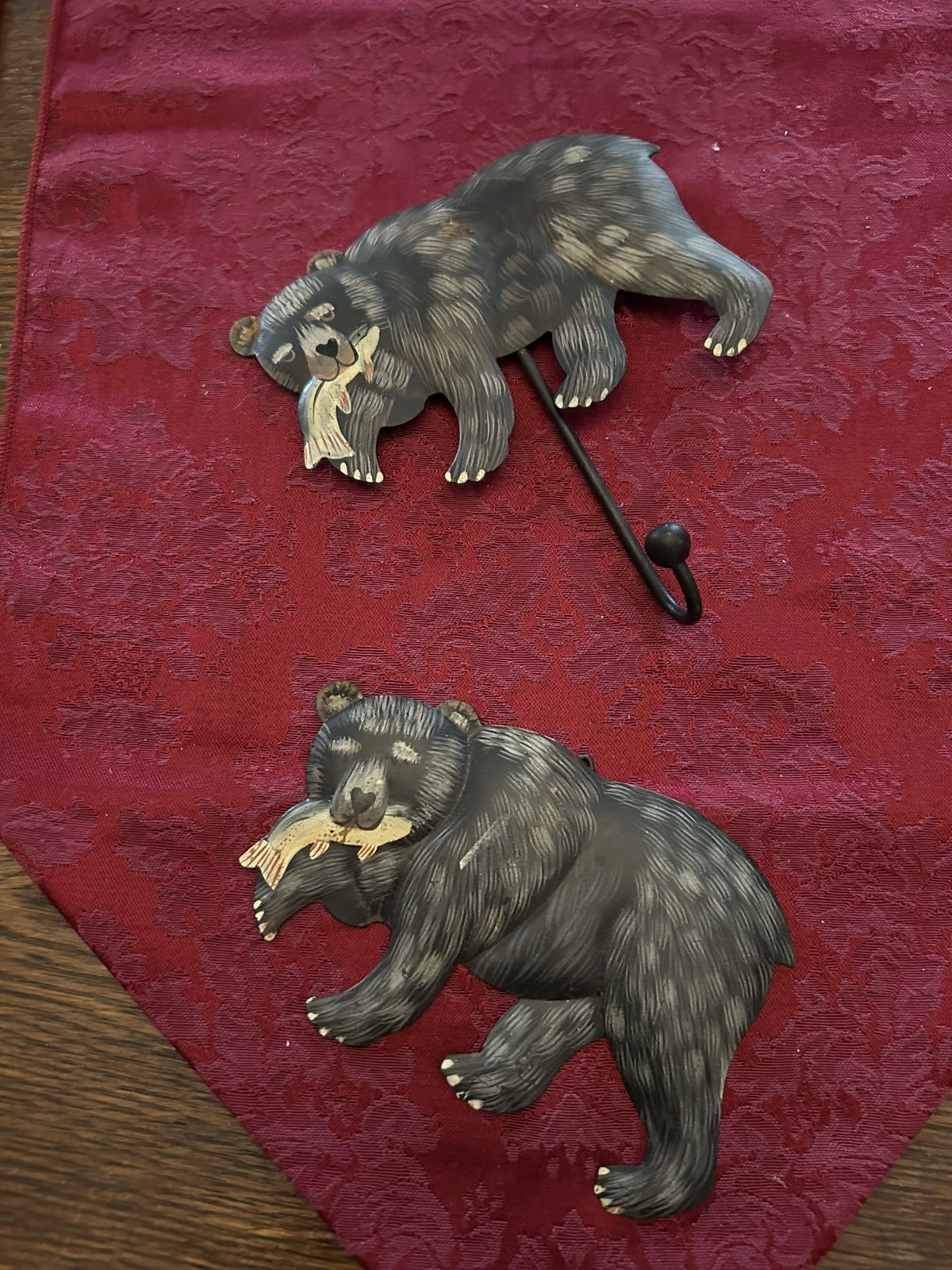 2 Metal Bears Holding Fish In It’s Mouth One Is A Hook The Other Decorative Wall