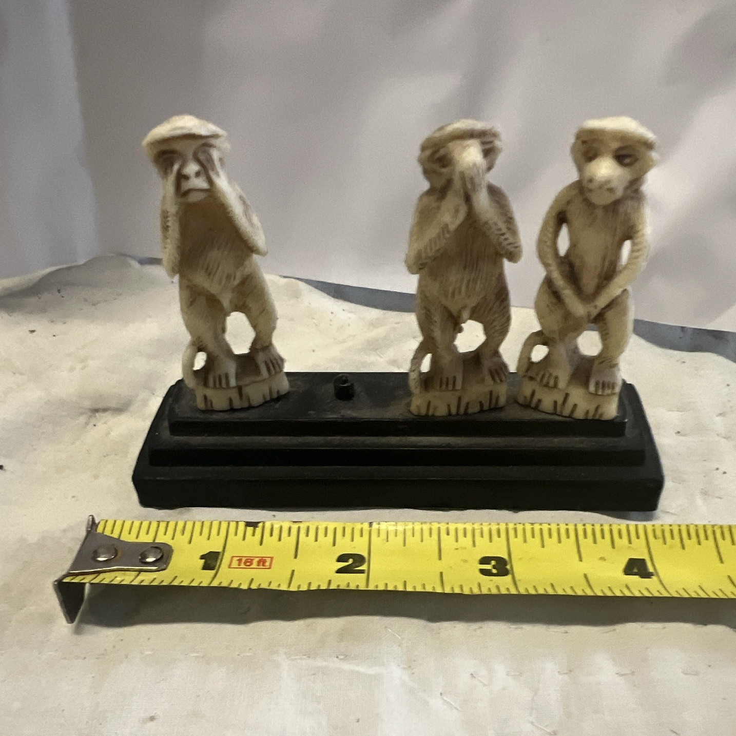Unmarked Three Wise Monkeys Resin Figurine on Black Base Beige/Black 3D