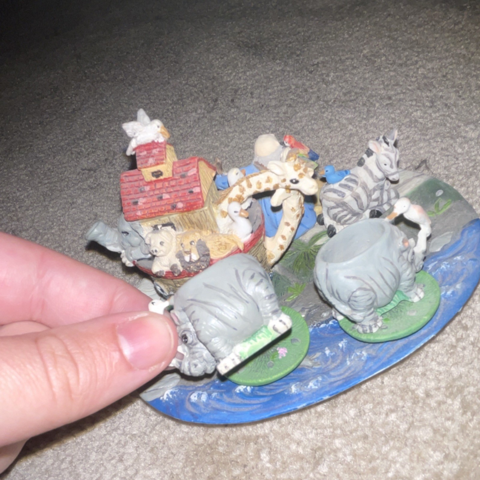 Noah’s Ark Resin Animal Figurine Scene on Oval Base, Hand Painted 3D Effect