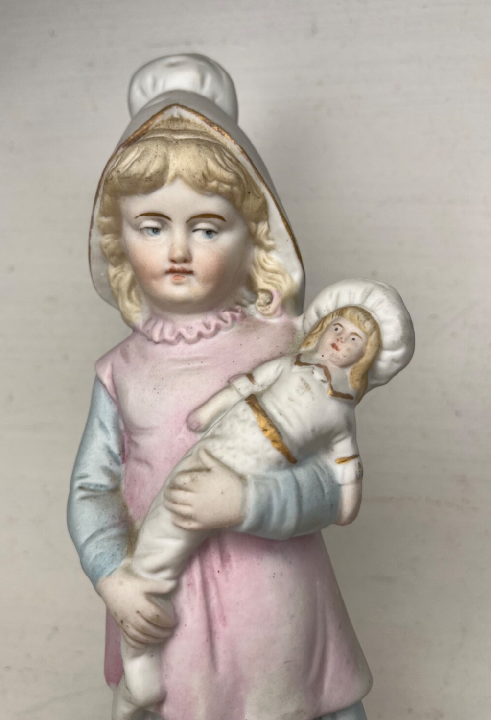 Antique German ? Bisque Porcelain Figurine Girl w/ Doll 9″