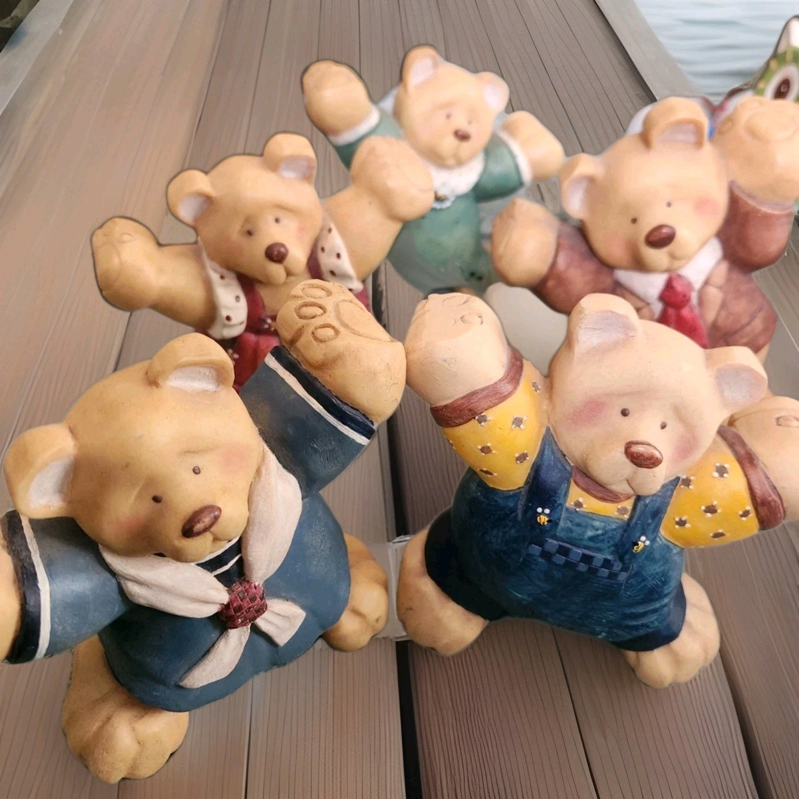 Collection of 5 Ceramic Figurine Bears with Diffrect Clothing 5 Inch. 1 Lb Heavy