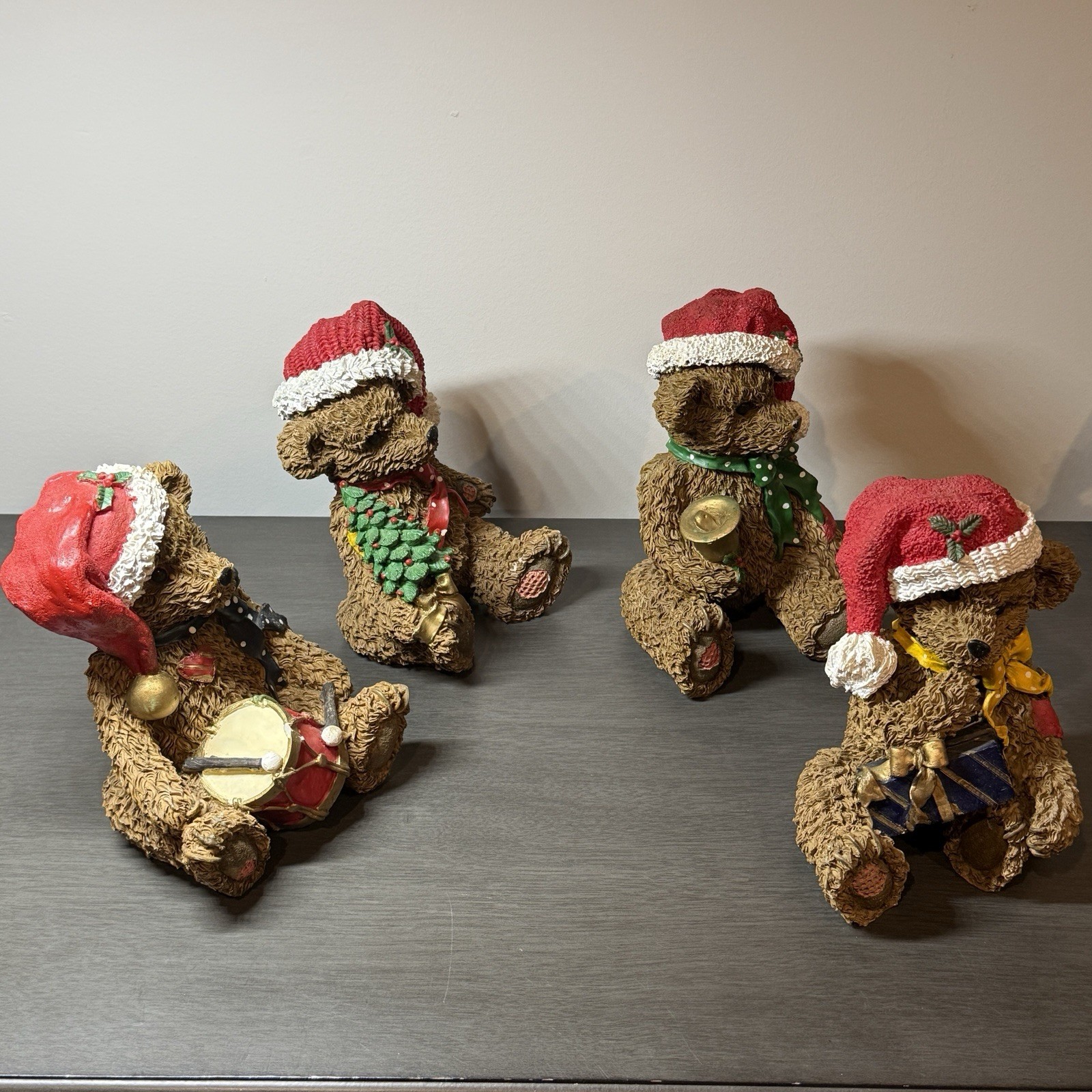 Set of 4 Resin Christmas Teddy Bears Santa Hats Figurine Gift Bell Tree Drum 6”