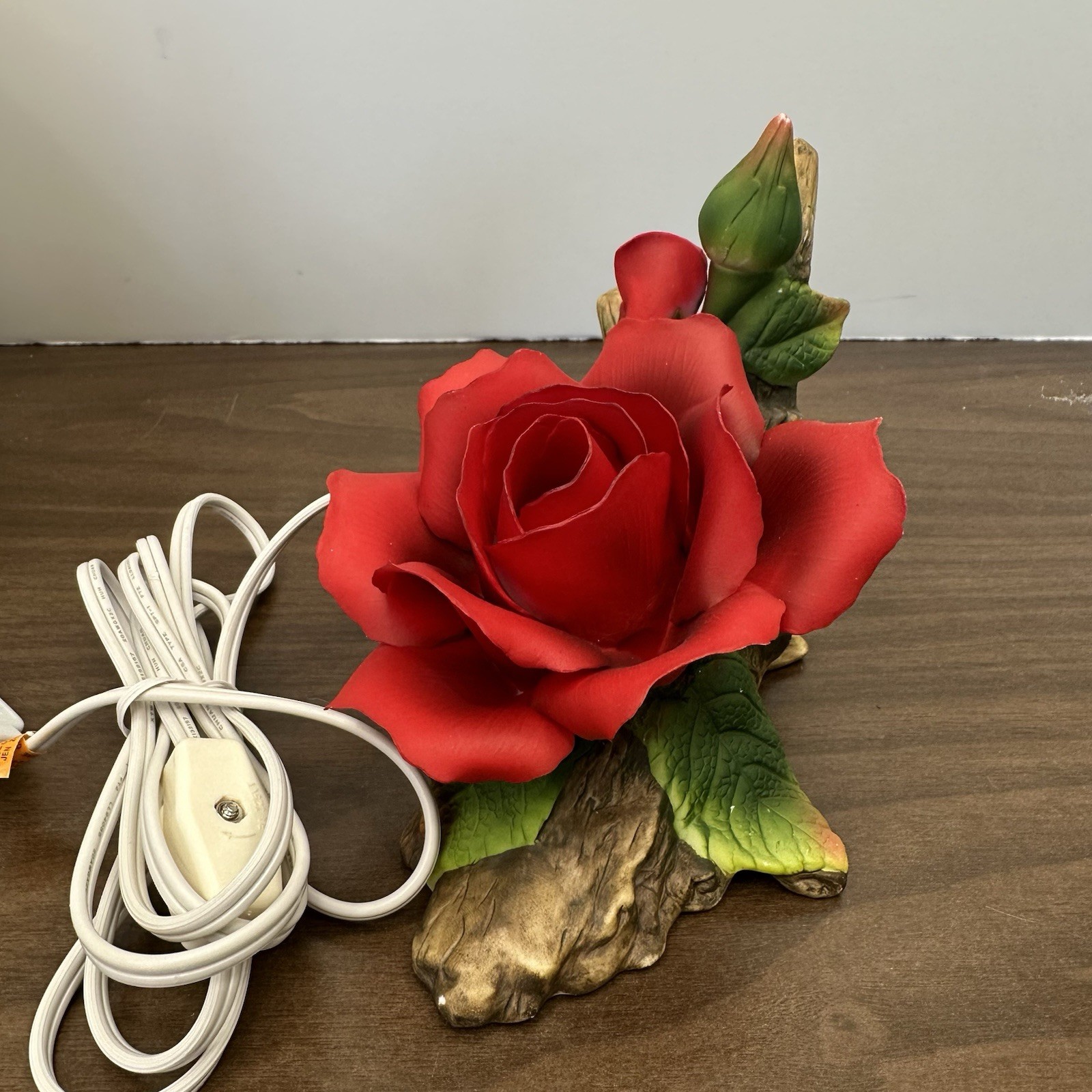 Porcelain NightLight Red Rose On A Log Lighted Figurine Rosebud Floral Garden
