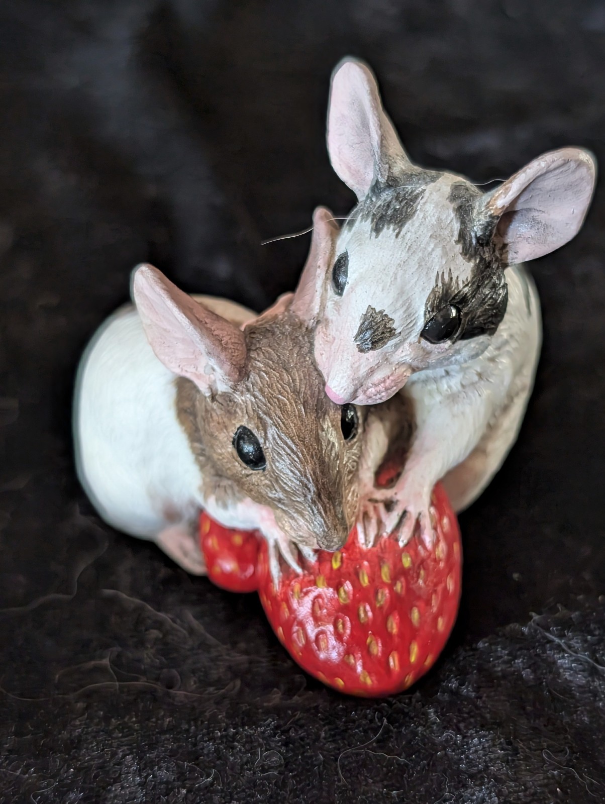 Be Mine black and brown mice hugging with red strawberry by Kitty Cantrell
