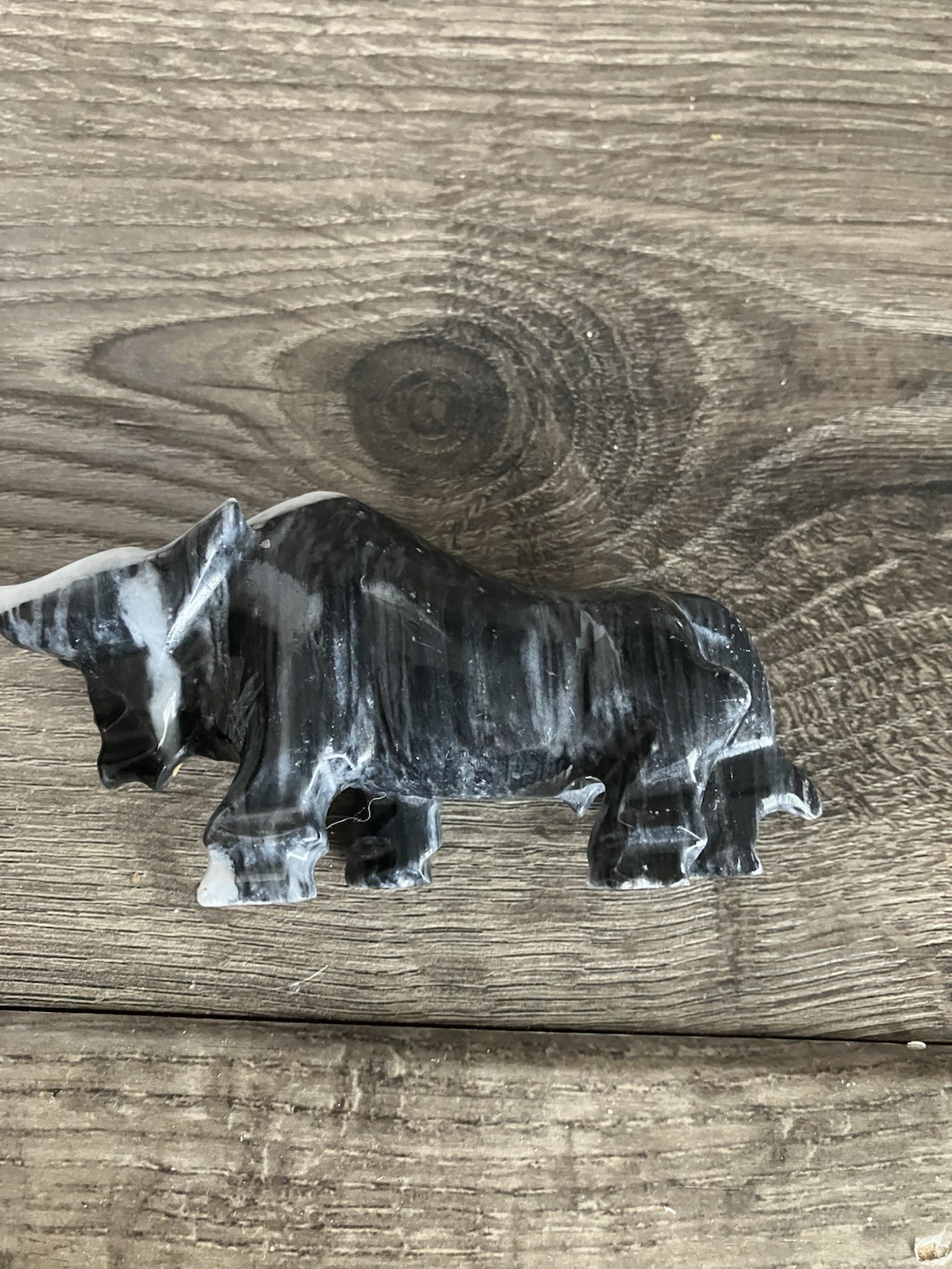 Vintage Hand Carved Black Marble Bull Figure Approx. 4”