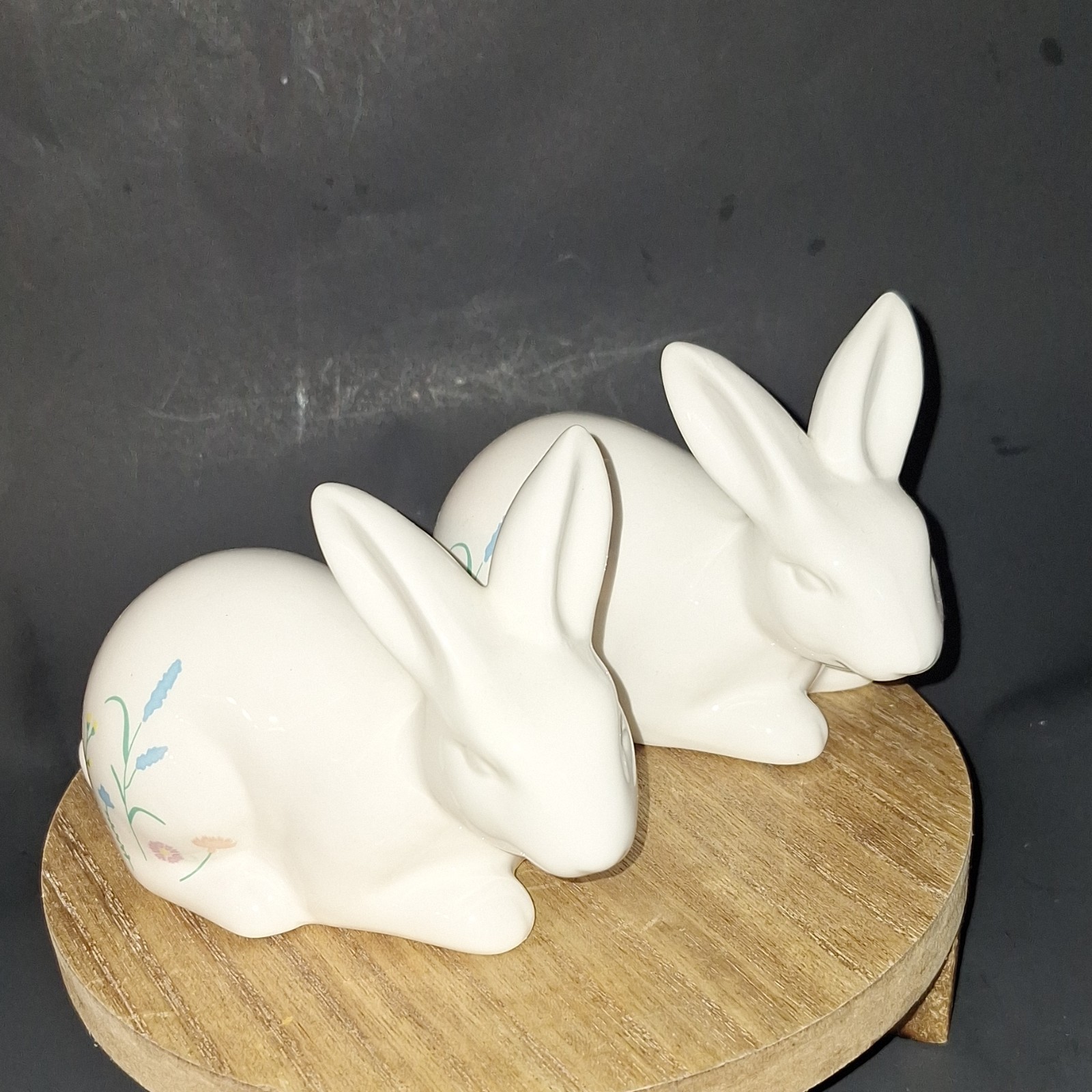 Ceramic Rabbit Figurine Hand Painted Floral Glossy White Blue Pink Yellow