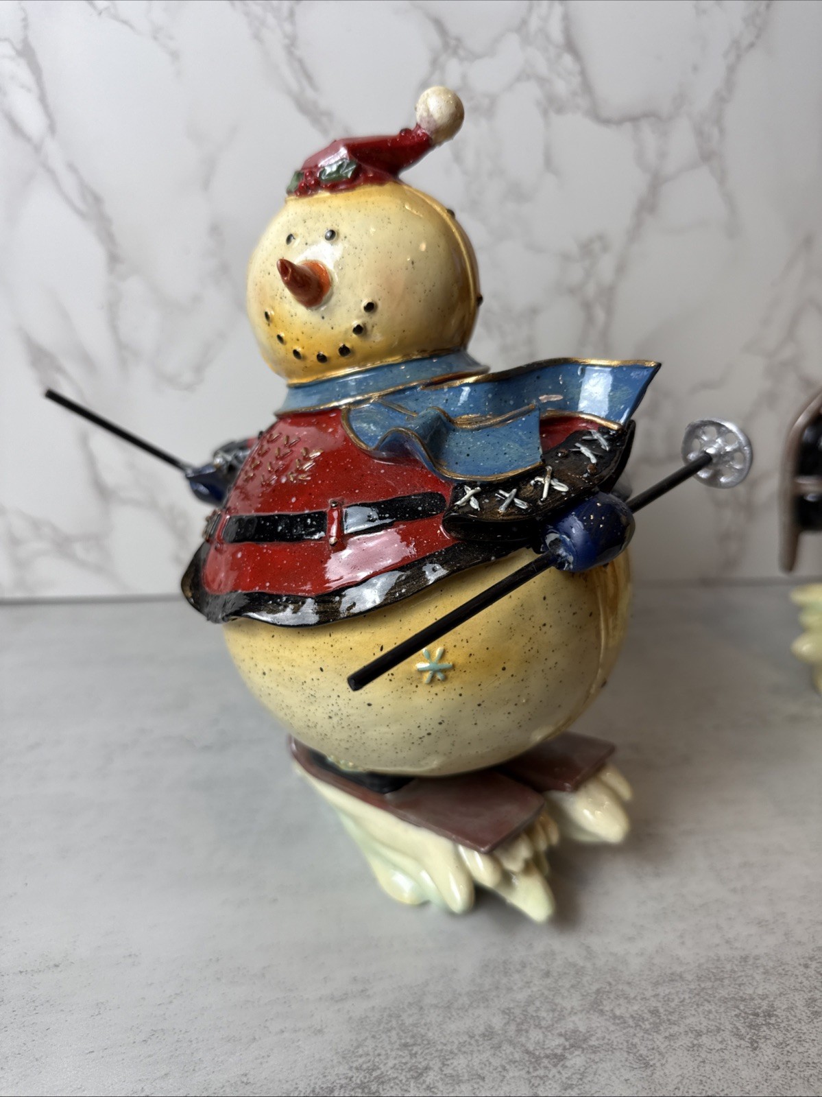 2 Whimsy Kirklands Roly Poly Skiing Snowmen Figurines With Skis and Poles 8”