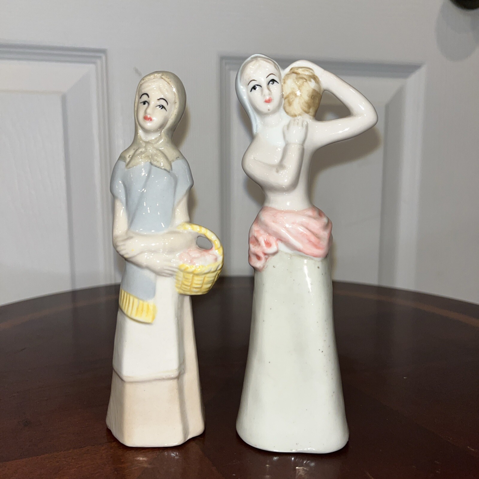 Set of 2 Maiden Peasant Women Porcelain Figurines w/ Water Jars Jug 5 x 1.25 in