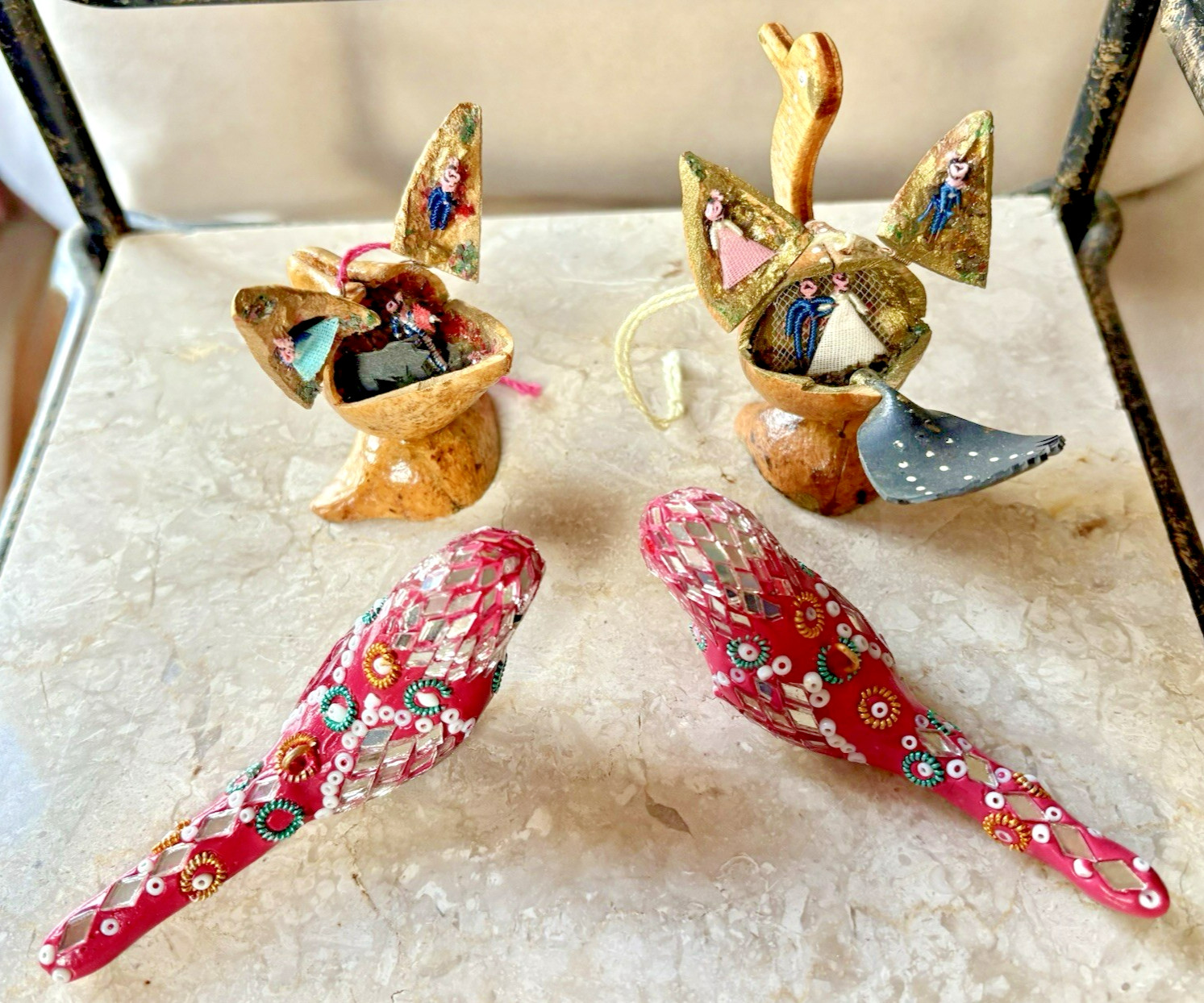 Vintage Rare Mexico Artist Created Ornaments Nut Dioramas & Mosaic Beaded Birds