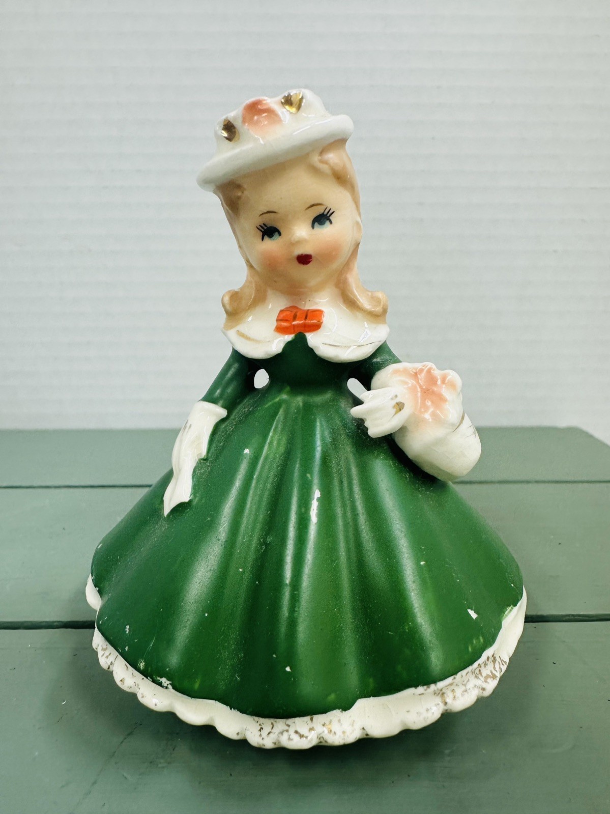Vintage Girl Ceramic Figurine Green Victorian Dress Basket Hat made Japan