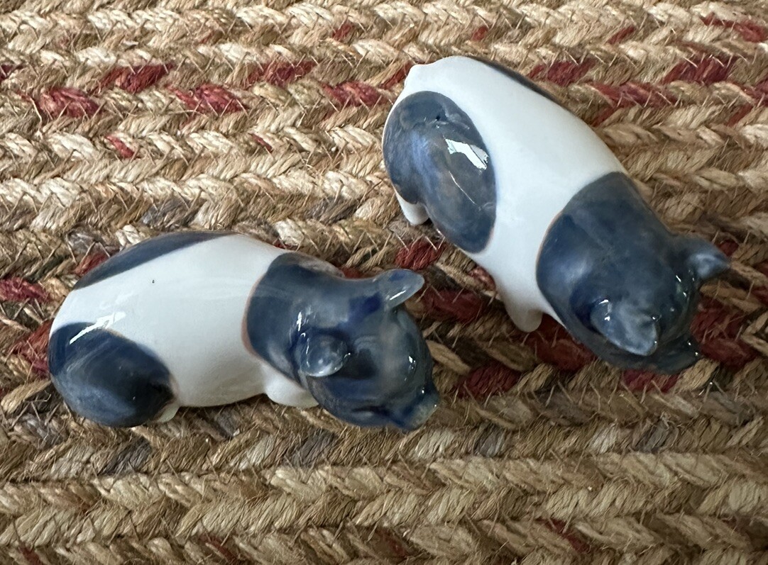 Otagiri Japan Miniature Pig Piglet Figurines Blue White Porcelain Small Set Of 2