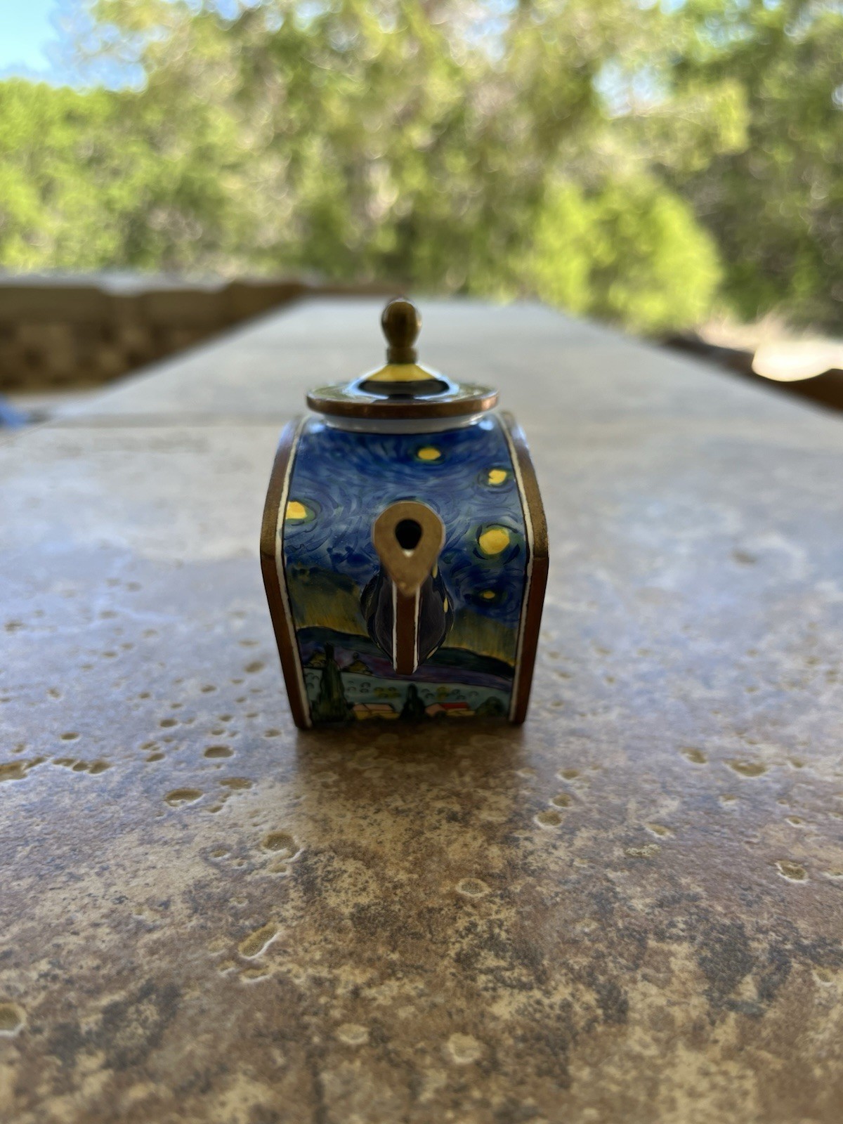 KELVIN CHEN ENAMELED MINIATURE TEAPOT VAN GOGH STARRY NIGHT – 2001 – WITH PAPER
