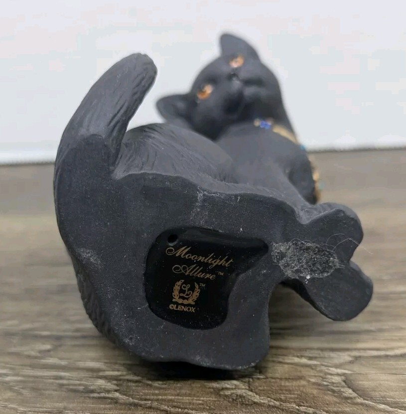 Lenox Black Matte Hand Painted CAT 14k Jeweled Collar Moonlight Allure Figurine