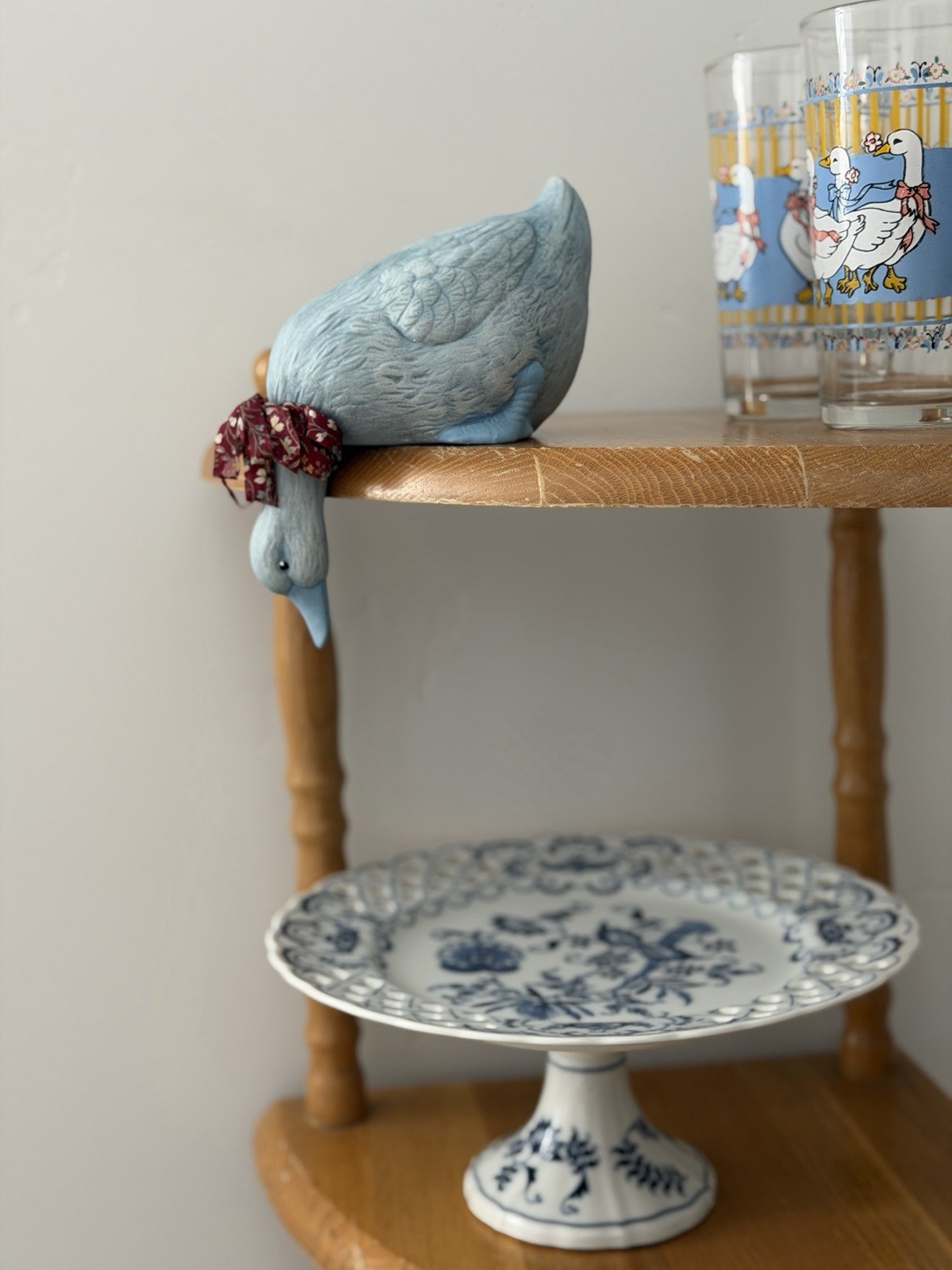 Vintage Ceramic Goose Shelf Sitter Blue Hand Painted Country Cottagecore 1980s