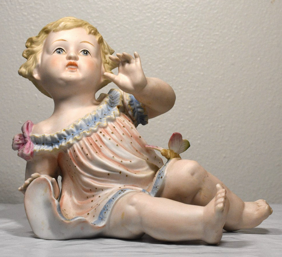 Mid-Century Andrea by Sadek Bisque Porcelain Piano Baby Figurine Girl Butterfly