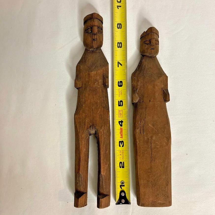 Vtg Hand-Carved Primitive Folk Art Woman Man Pair Wooden Statue Rustic Figurines