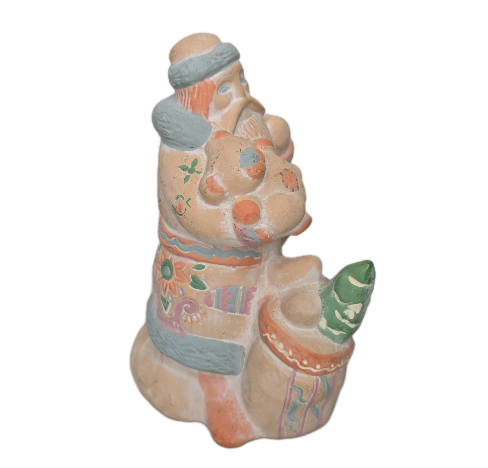 Vtg 90s Southwestern Style Pottery Santa Figurine Ceramic Blue Pink Peach Cactus