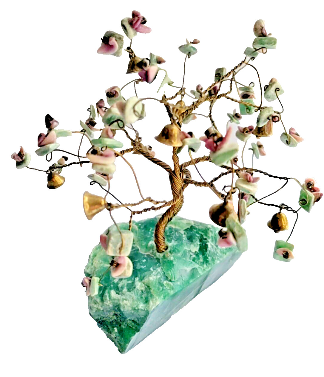 Bonsai Prosperity Tree Twisted Wire Sculpture Stone Base Bells Shell 6.5″ X 6.5″