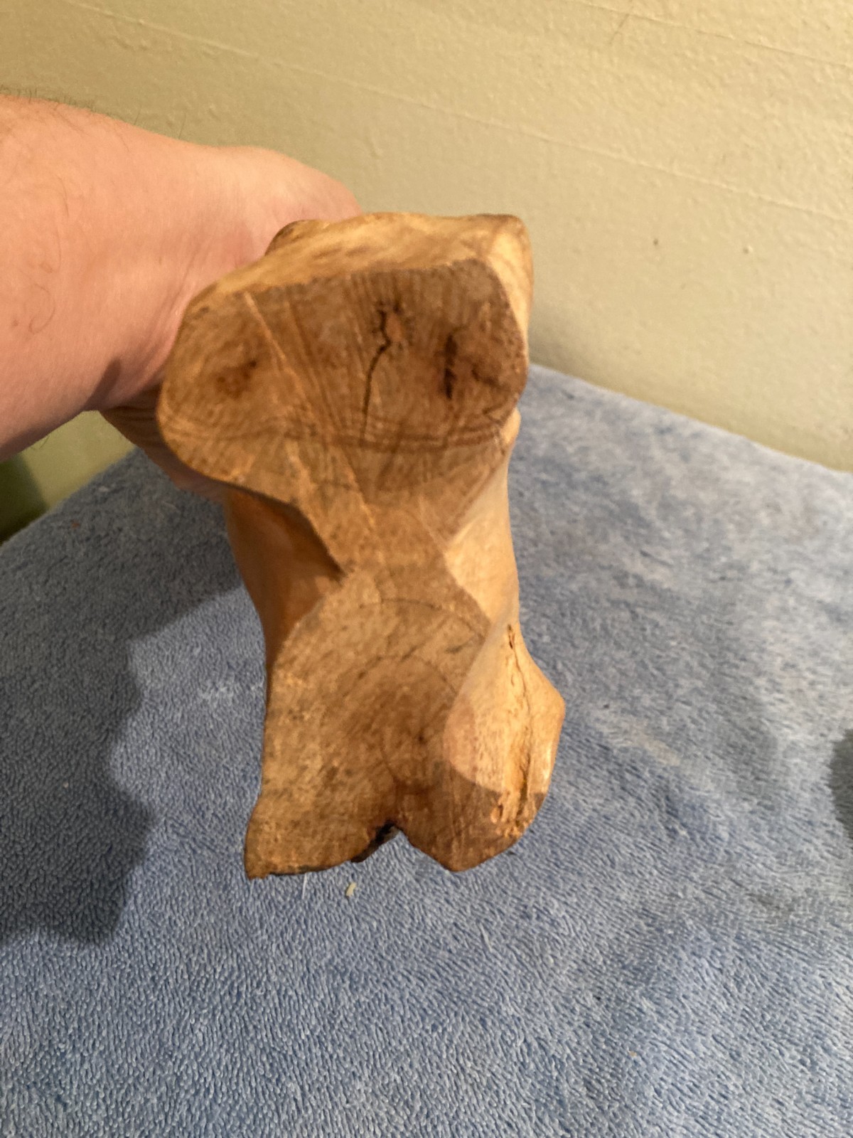 Owl bird statue hand carved from yellow natural wood with natural wood cracks