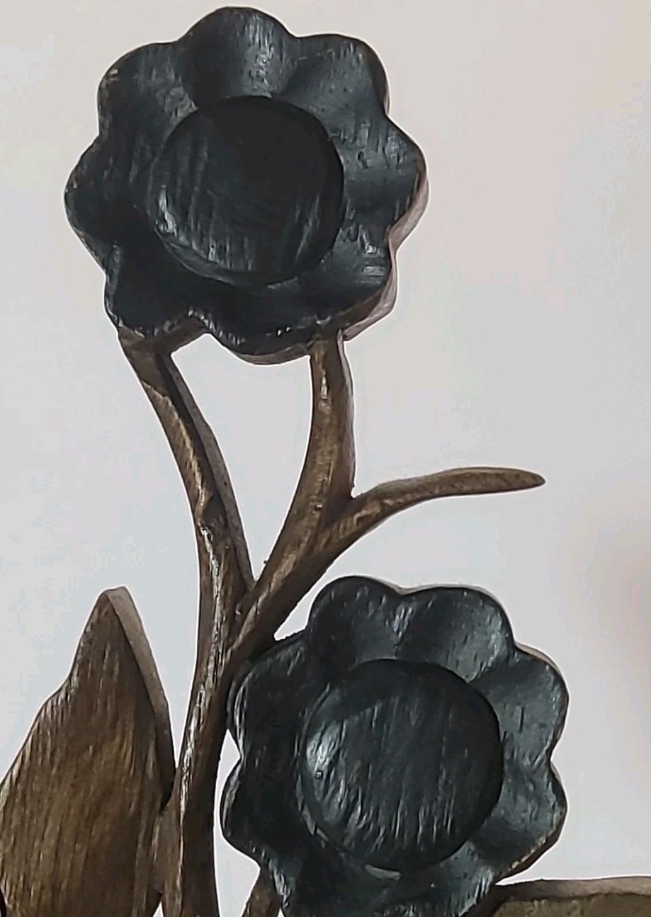 Hand Carved Flower Sculpture Statue Multi Tone Wood 12 1/4″