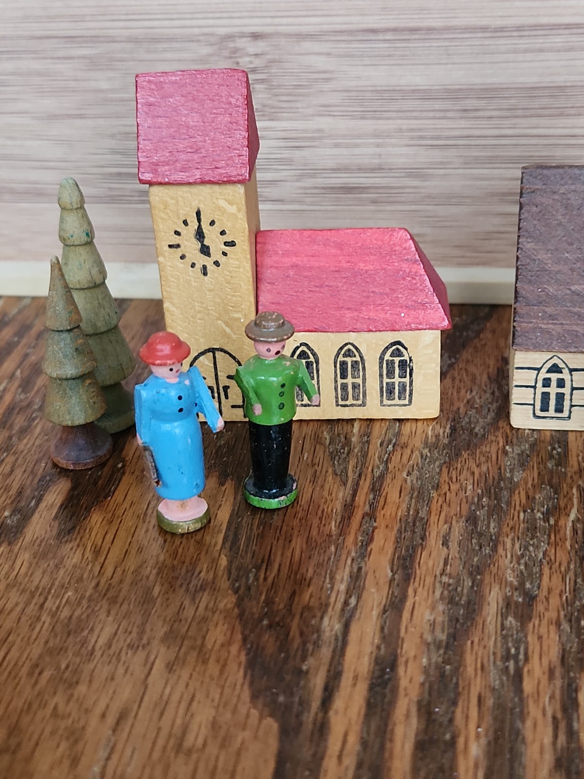 Church City Building, People Vintage Wooden Village Erzgebirge Putz Germany Lot