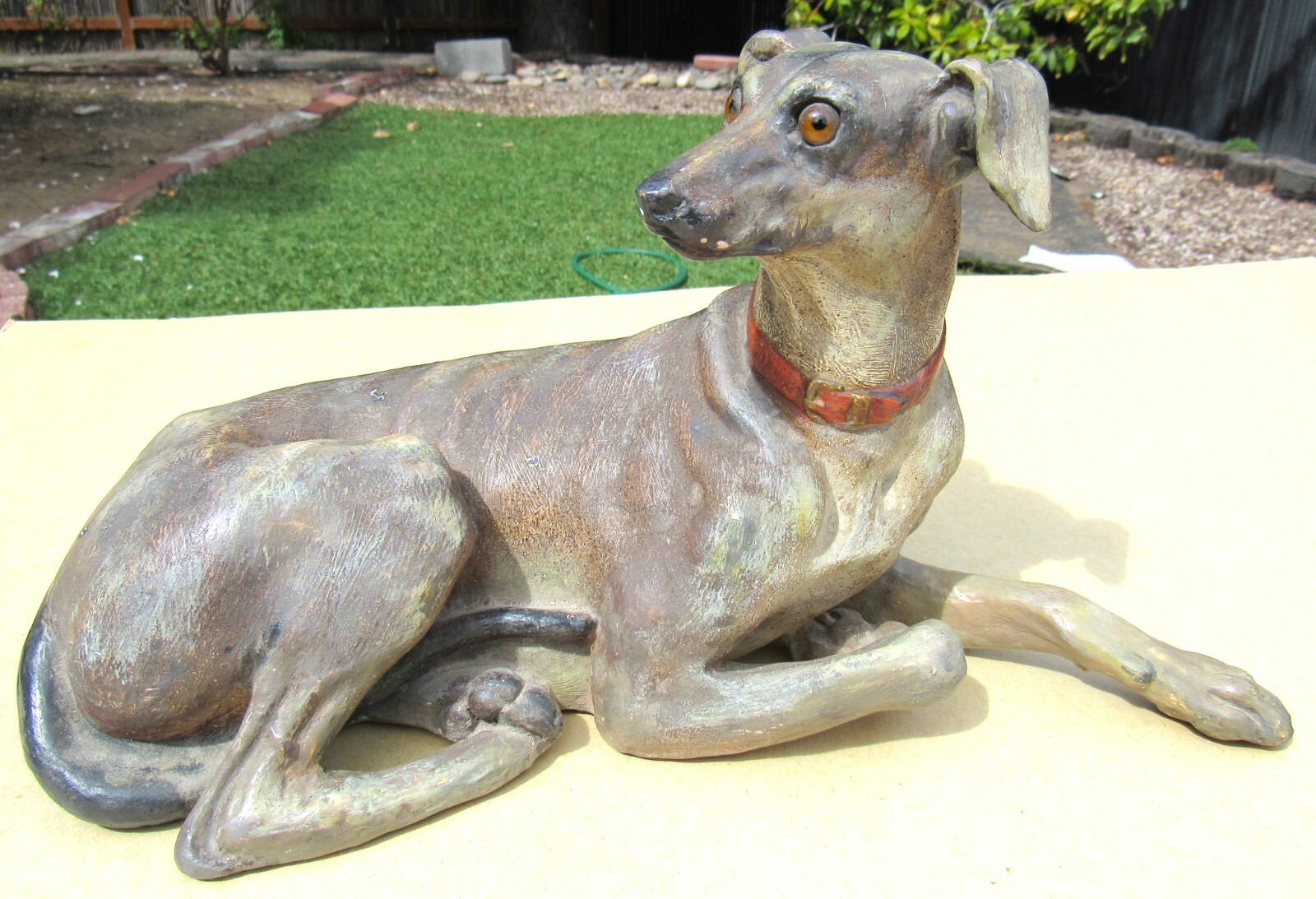 LARGE Antique Greyhound Terracotta Sculpture Austrian Glass Eyes 19th Century