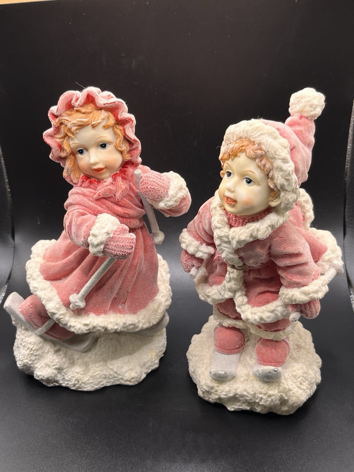 Pair of Vtg. Children Boy & Girl Skiing Figurines 8″ Tall Velvet Flocked Resin