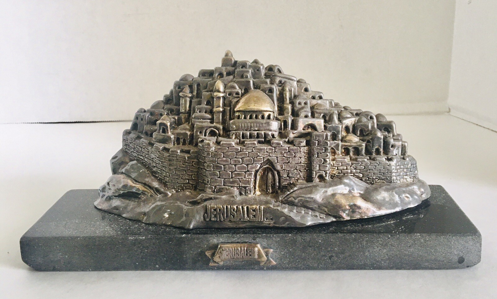 Jerusalem Old City Silver and Gold Plate Sculpture on Black Marble 9.5″ x 4.25″