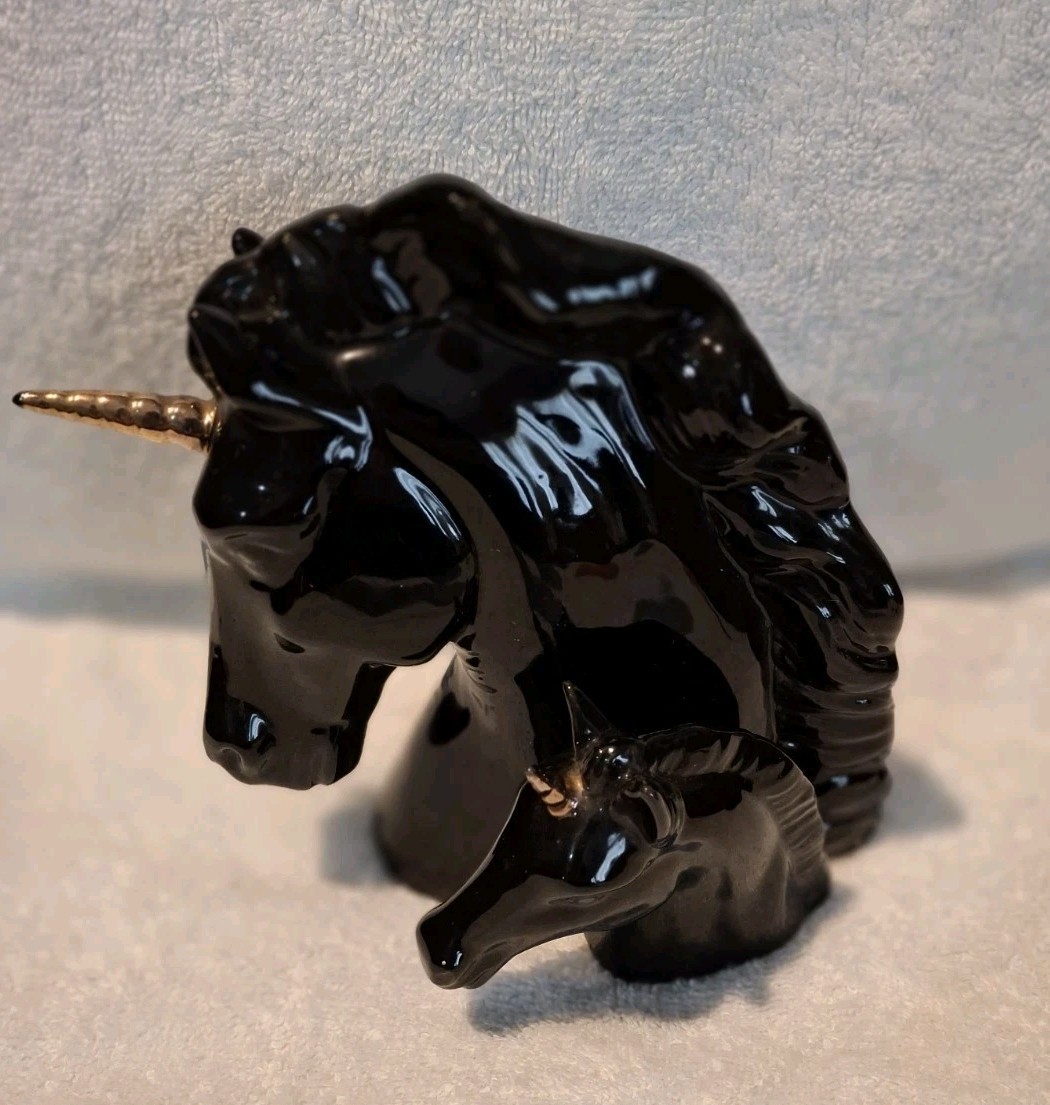 VTG Ceramic Black Unicorn Mother & Baby Gold Horns Figure /Bust