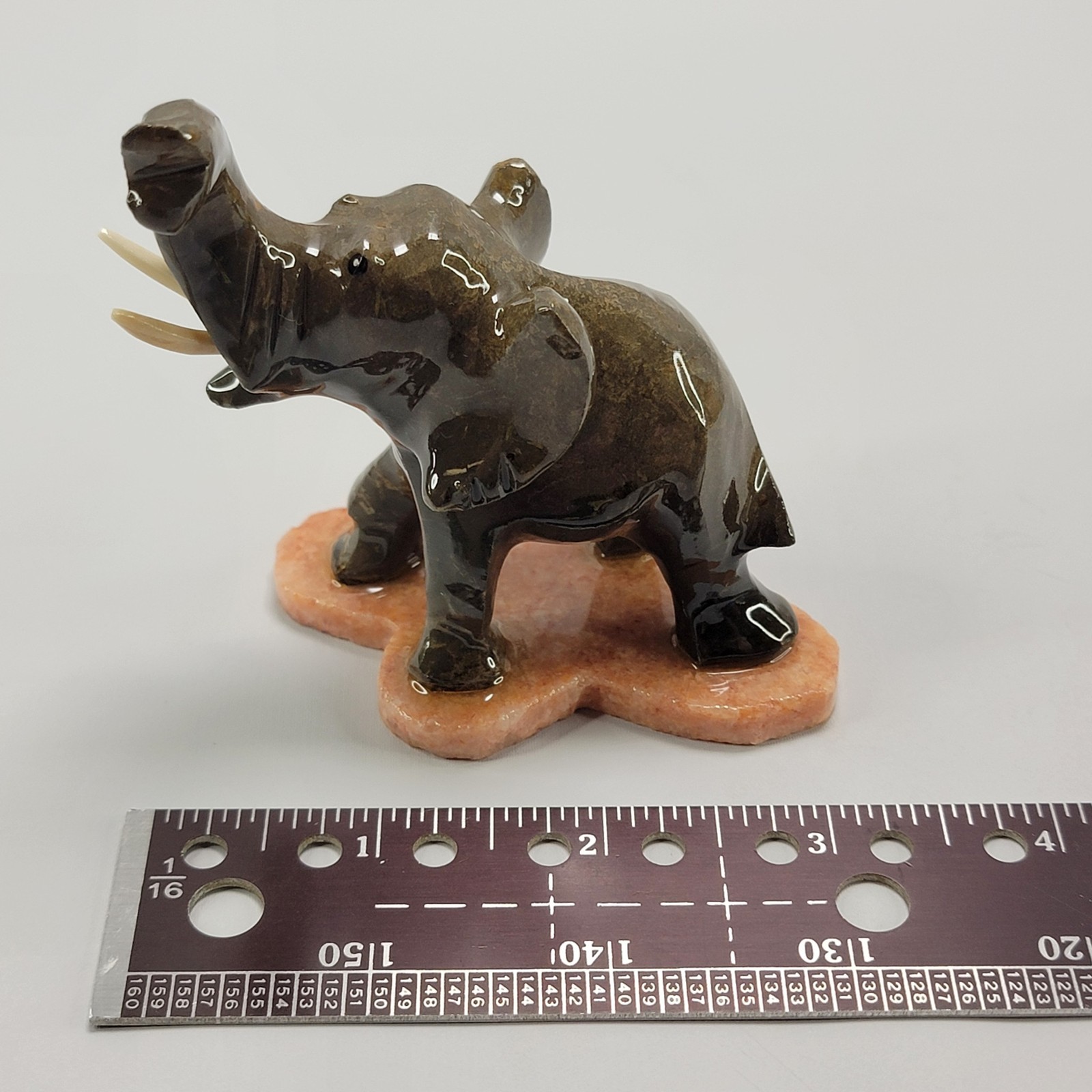 Ceramic Elephant Figurine Trunk Up 3″ Brown-Green High Gloss Small RT Ear Chip