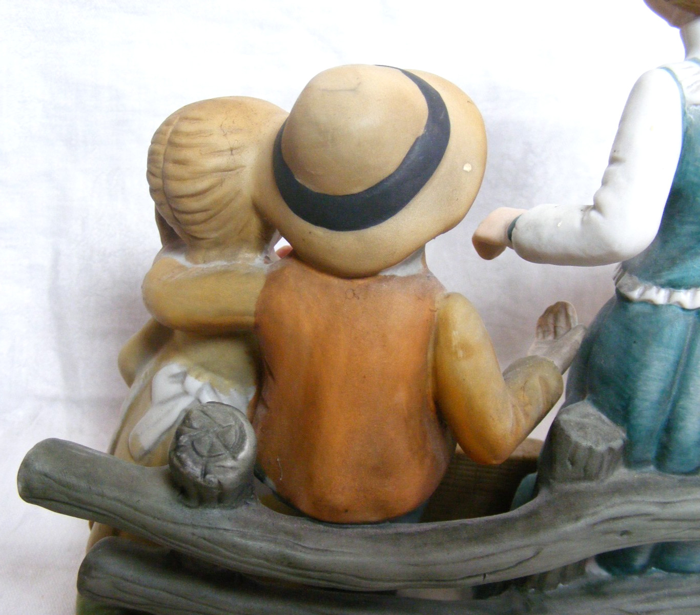 Vintage Decorative Figurine Family Picnic On A Bench Hand Painted Porcelain