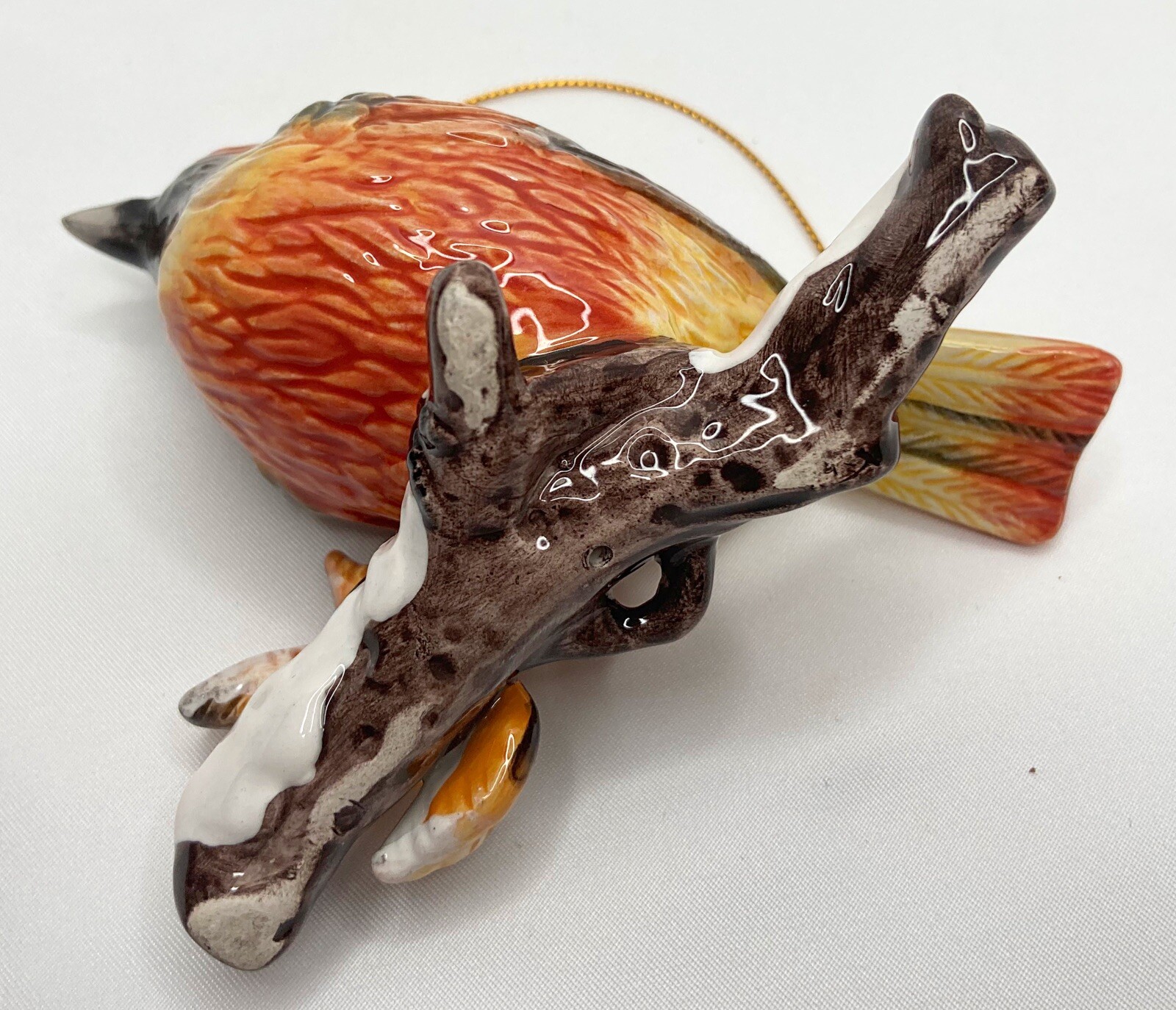 Orange Brown Grey Yellow Ceramic Hanging Ornament Bird On Snowy Branch Figurine