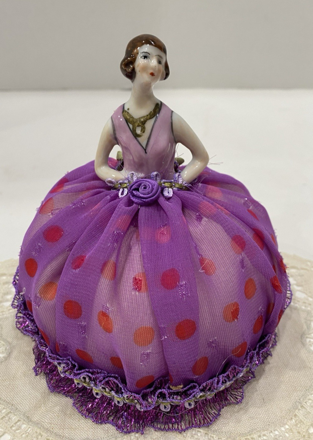 Vintage Germany Porcelain Half Doll Pin Cushion Art Deco Flapper Polka Dot Dress