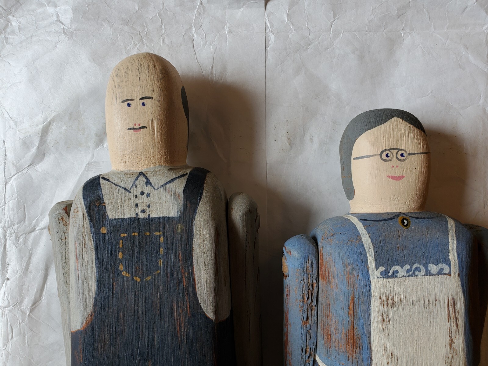 Folk Art Wolf Creek Wood Carvings country farmers couple signed Betty Hines 1987