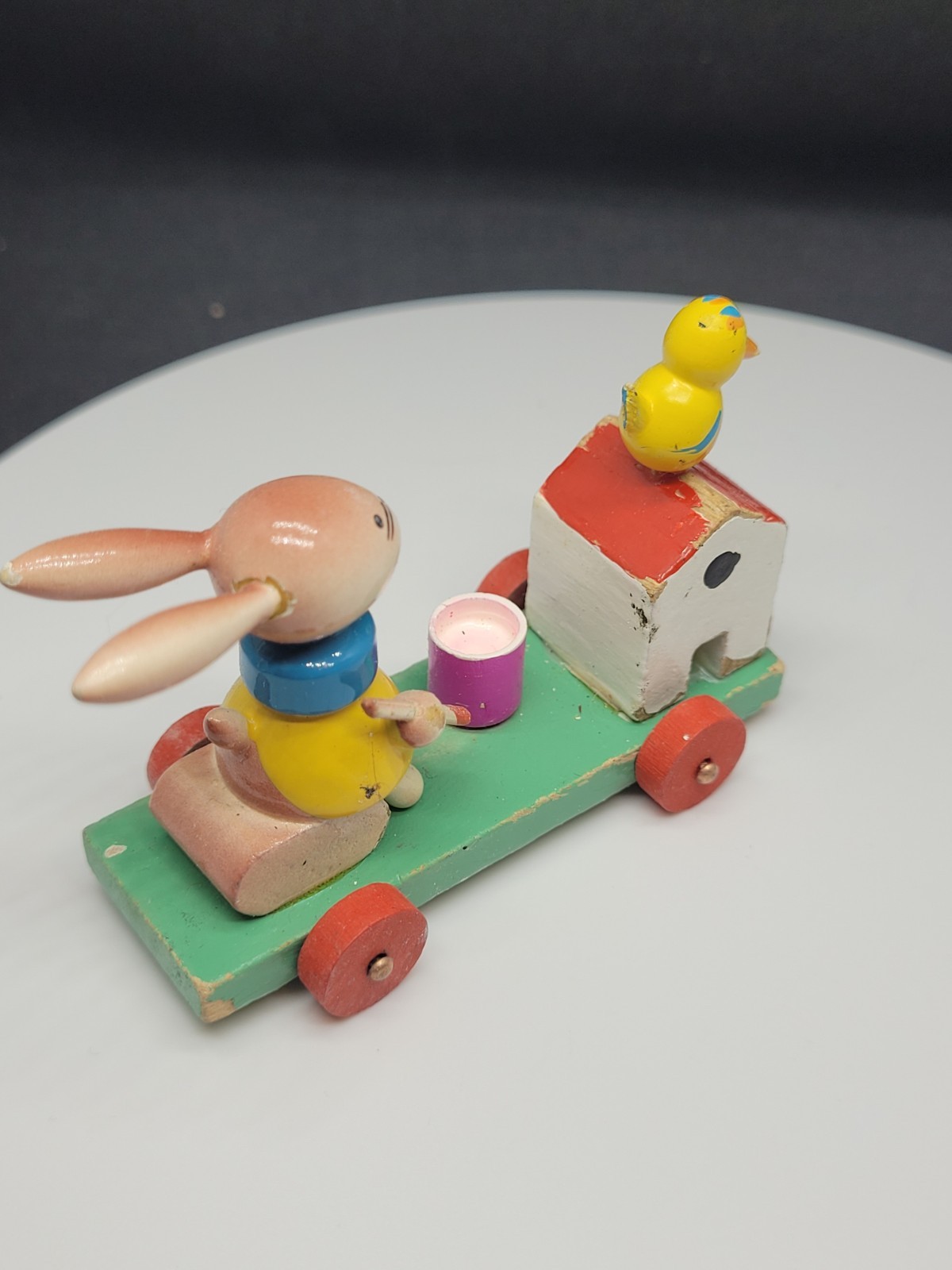 Vtg Goula Spain Wood Easter Figure Bunny Rabbit Paints Egg on Wheels Push Toy