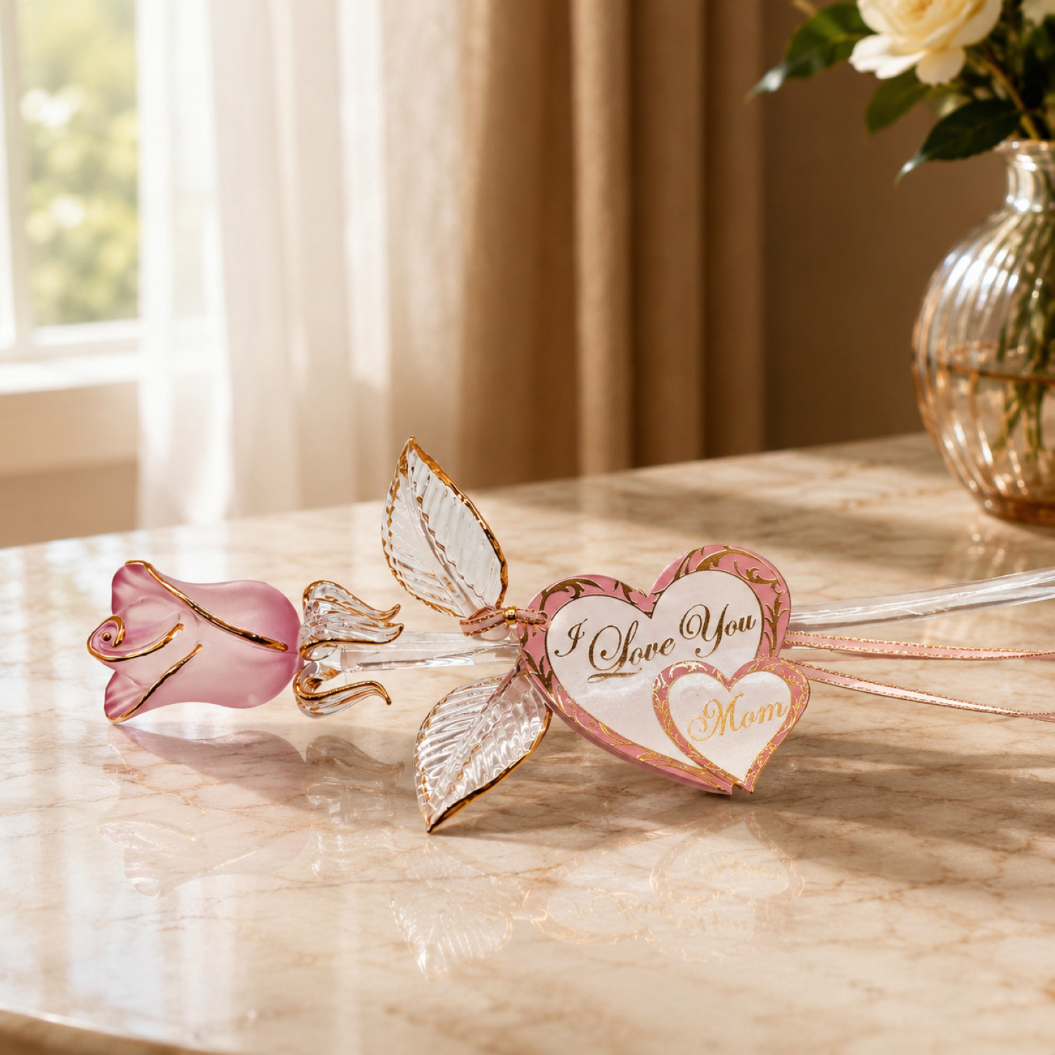 I Love You Mom Rose Figurine Mother’s Day Birthday Gift for Mom