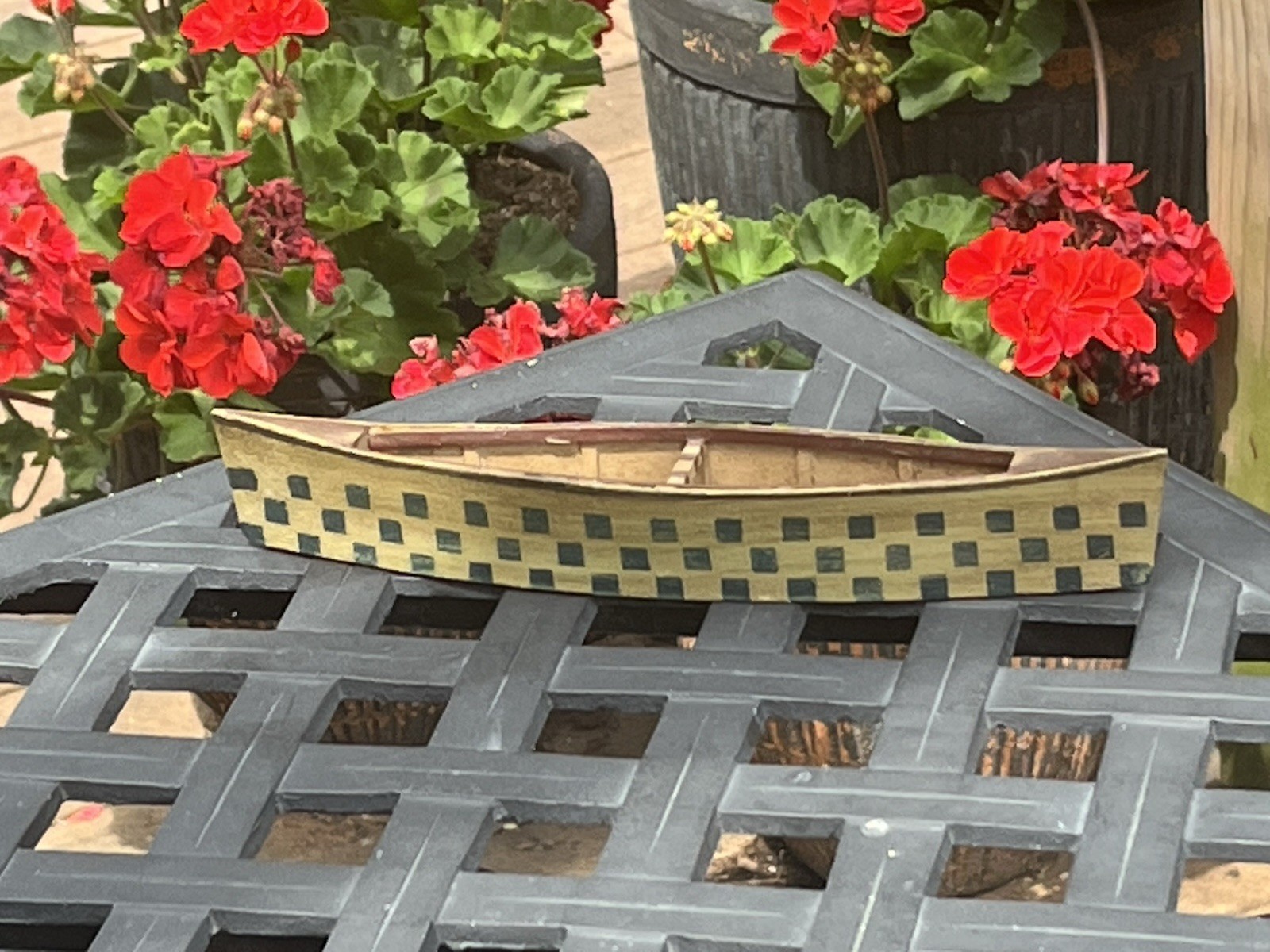 Miniature Decorative Canoe Wood Handcrafted Checkered Hull 9”