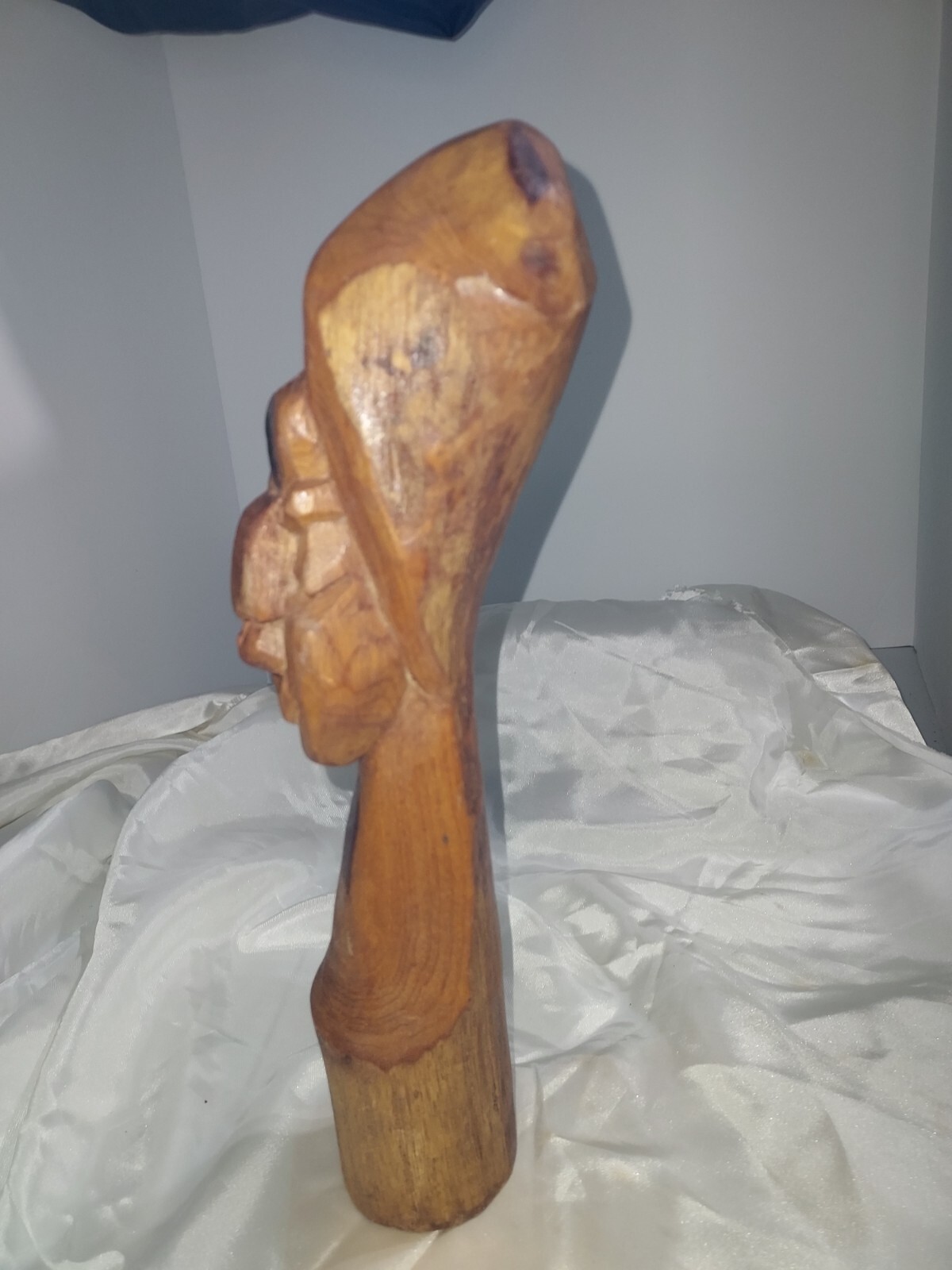 Hand Carved wood HEAD face 11” TALL bust figure sculpture Nose Cracked See Pics
