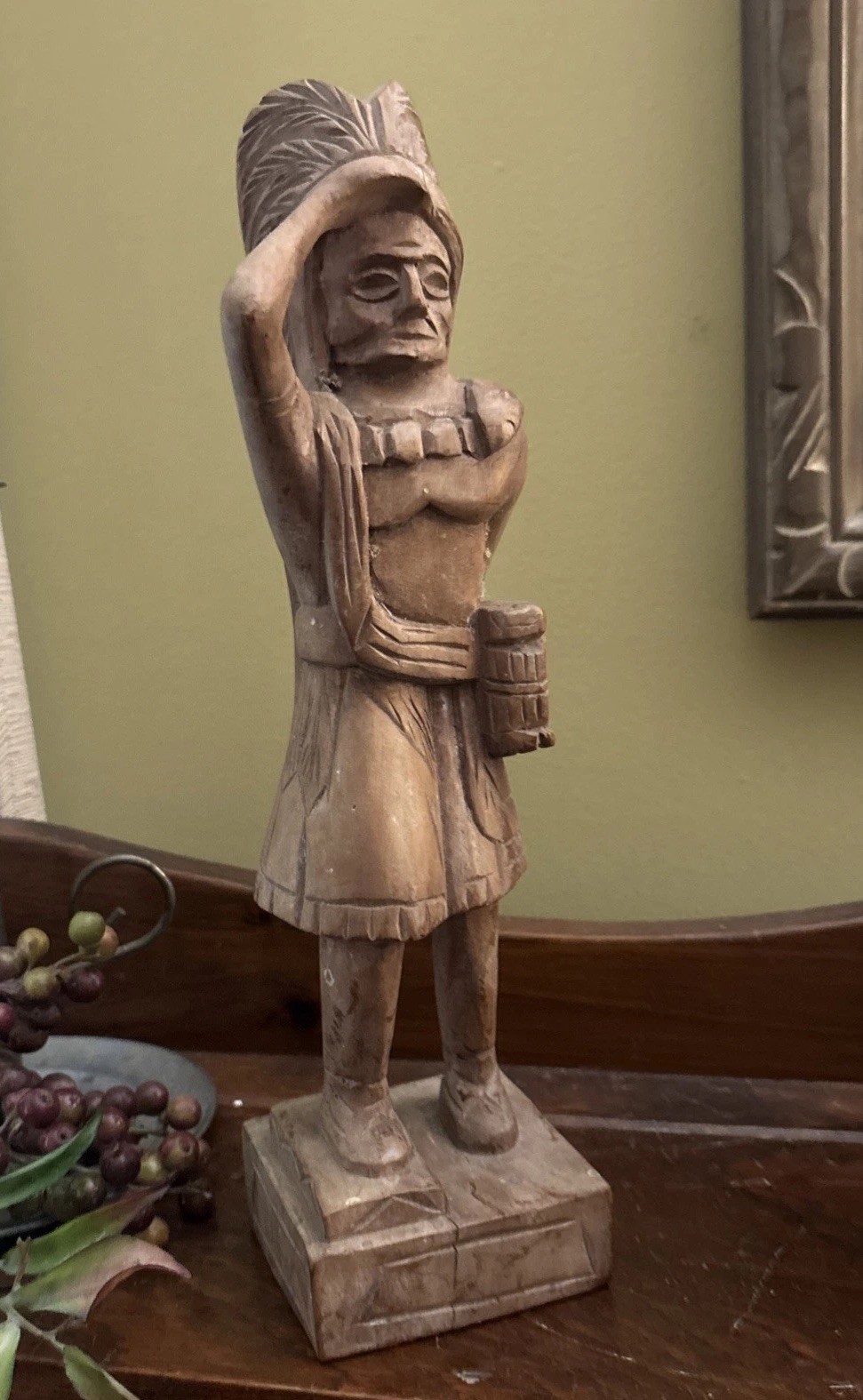 Vintage Native American Indian Chief Hand-Carved Wood Sculpture