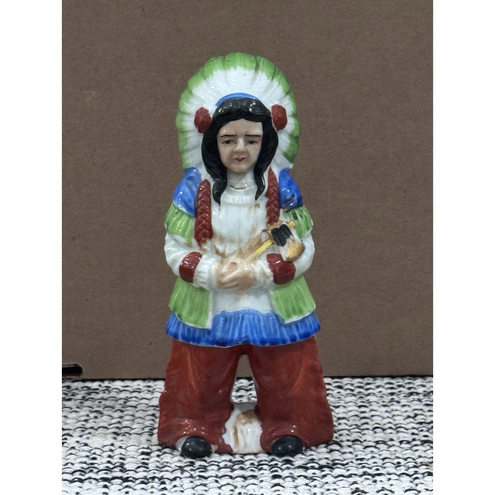 Vintage Native American Indian Ceramic Figurine Headdress Japan 1950s